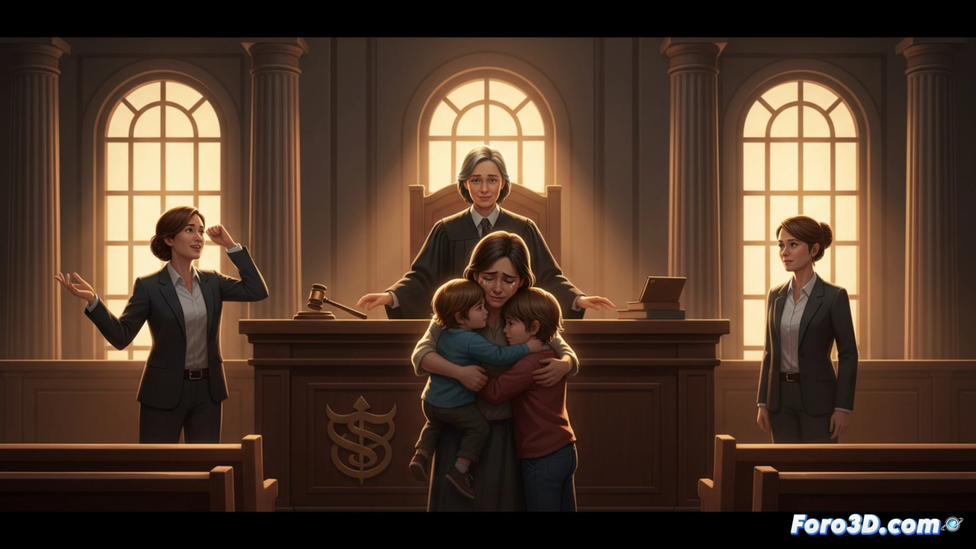 Una sala de tribunal vacía, con un mazo sobre la mesa. Al fondo, una silueta materna abraza a dos niños pequeños, simbolizando la absolución y la unión familiar segura.