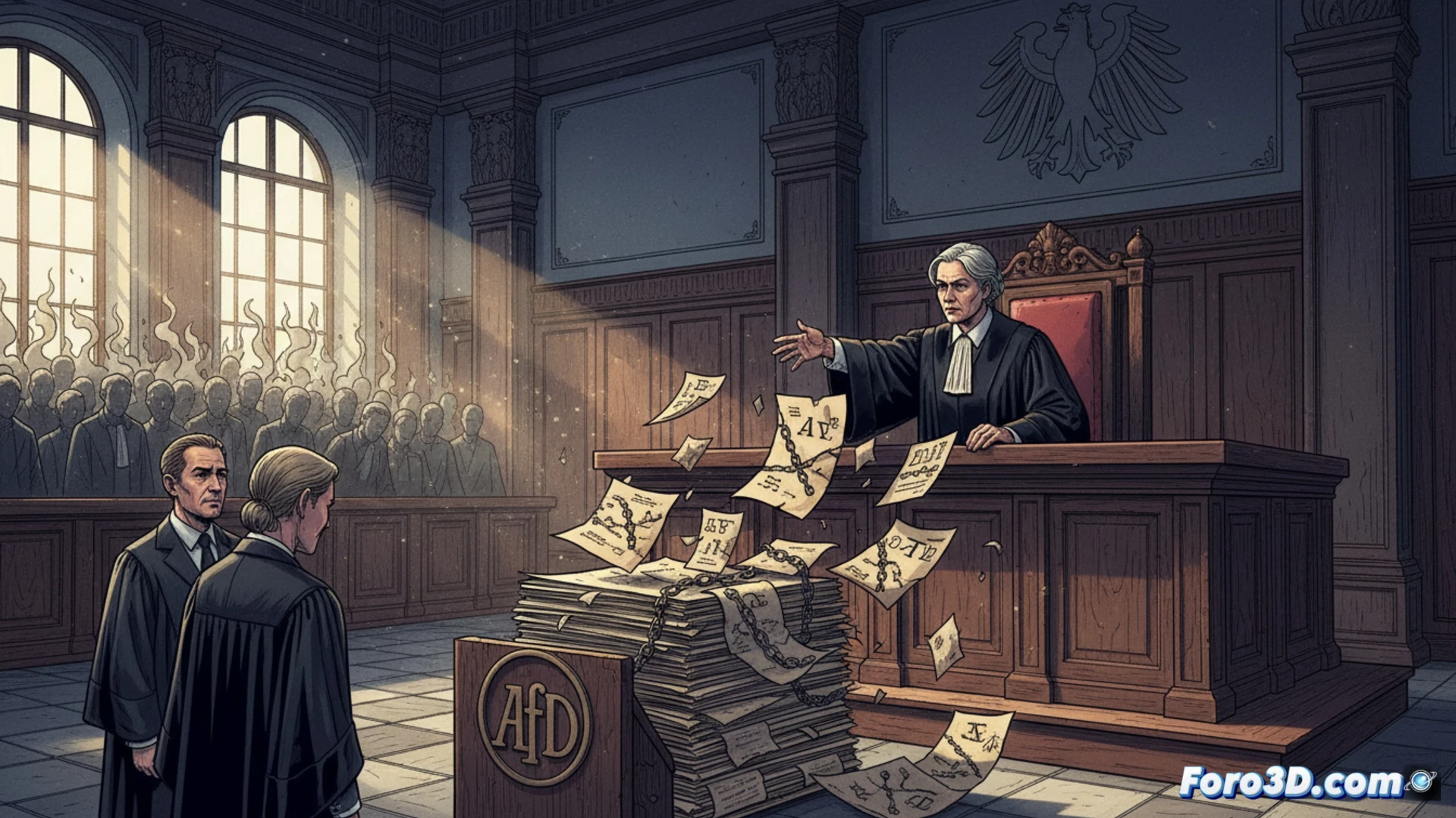 German courtroom scene with judge s hammer striking down a stack of 280+ legal documents labeled Anträge, papers scattering across a wooden bench, AfD party logo faintly visible on a folder being rejected, a female presiding judge in black robe pointing decisively at the documents while a lawyer gestures helplessly, empty witness stand in background with 50+ empty chairs, photorealistic technical illustration, dramatic chiaroscuro lighting, cold blue-gray tones, sharp focus on legal papers and gavel, courtroom wood paneling, procedural action frozen mid-motion, ultra-detailed textures of paper and wood