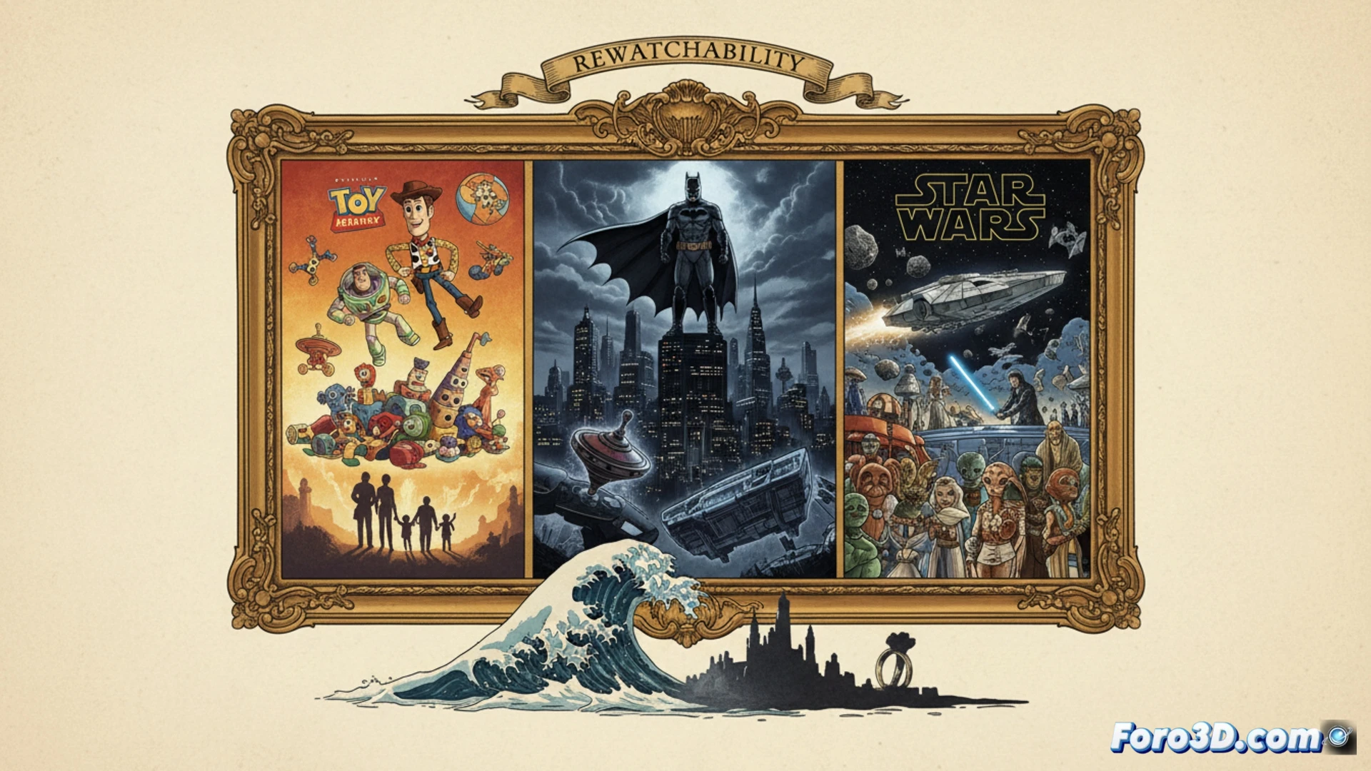 Un collage cinematográfico muestra imágenes icónicas de trilogías como Star Wars, The Dark Knight y Toy Story, con un anillo de El Señor de los Anillos en el centro, rodeado de símbolos de rewatchability como un bucle de reproducción y estrellas brillantes.