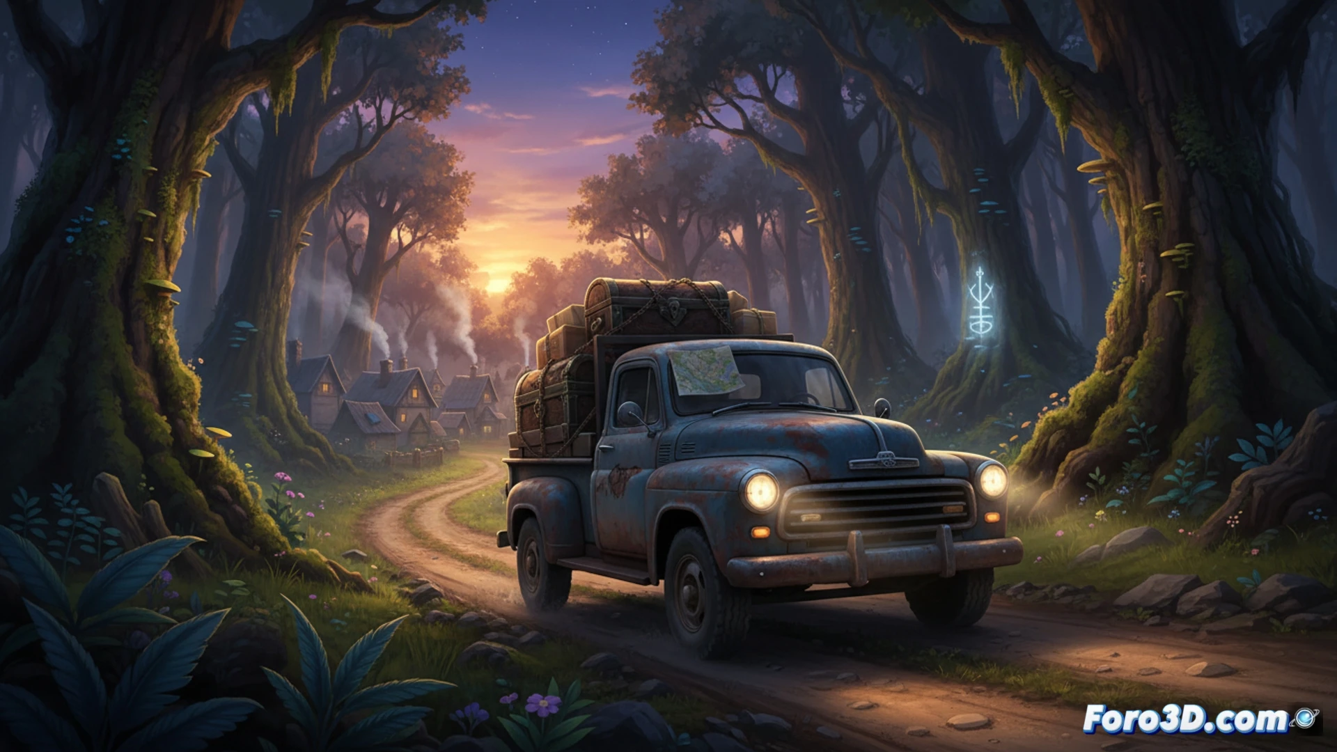 Retro pickup truck driving on a misty rural dirt road at dusk, headlights illuminating an ancient forest edge, wooden crates and tools shifting in the truck bed during a sharp turn, glowing runes faintly visible on a mossy stone archway ahead, cinematic photorealistic rendering, dramatic volumetric fog, dynamic motion blur, ultra-detailed rusted metal body and cracked windshield, mysterious green bioluminescence from forest depths, realistic tire dust particles suspended in air, 4K technical illustration quality