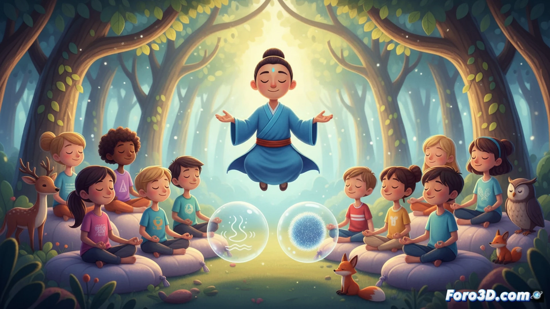 Ilustración vibrante de True abrazando a un niño, con burbujas de respiración y destellos ASMR relajantes en fondo suave azul y rosa.