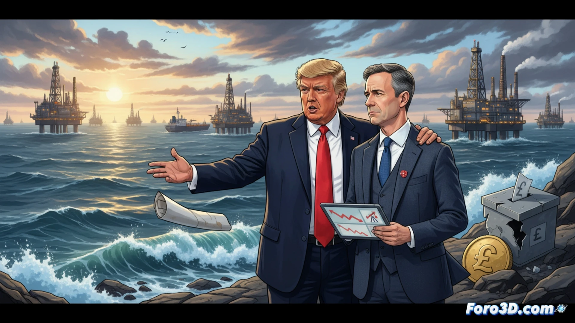 Donald Trump, sonriente, señala un mapa del Mar del Norte con pozos petroleros; Keir Starmer lo observa, pensativo, ante un fondo de plataformas.