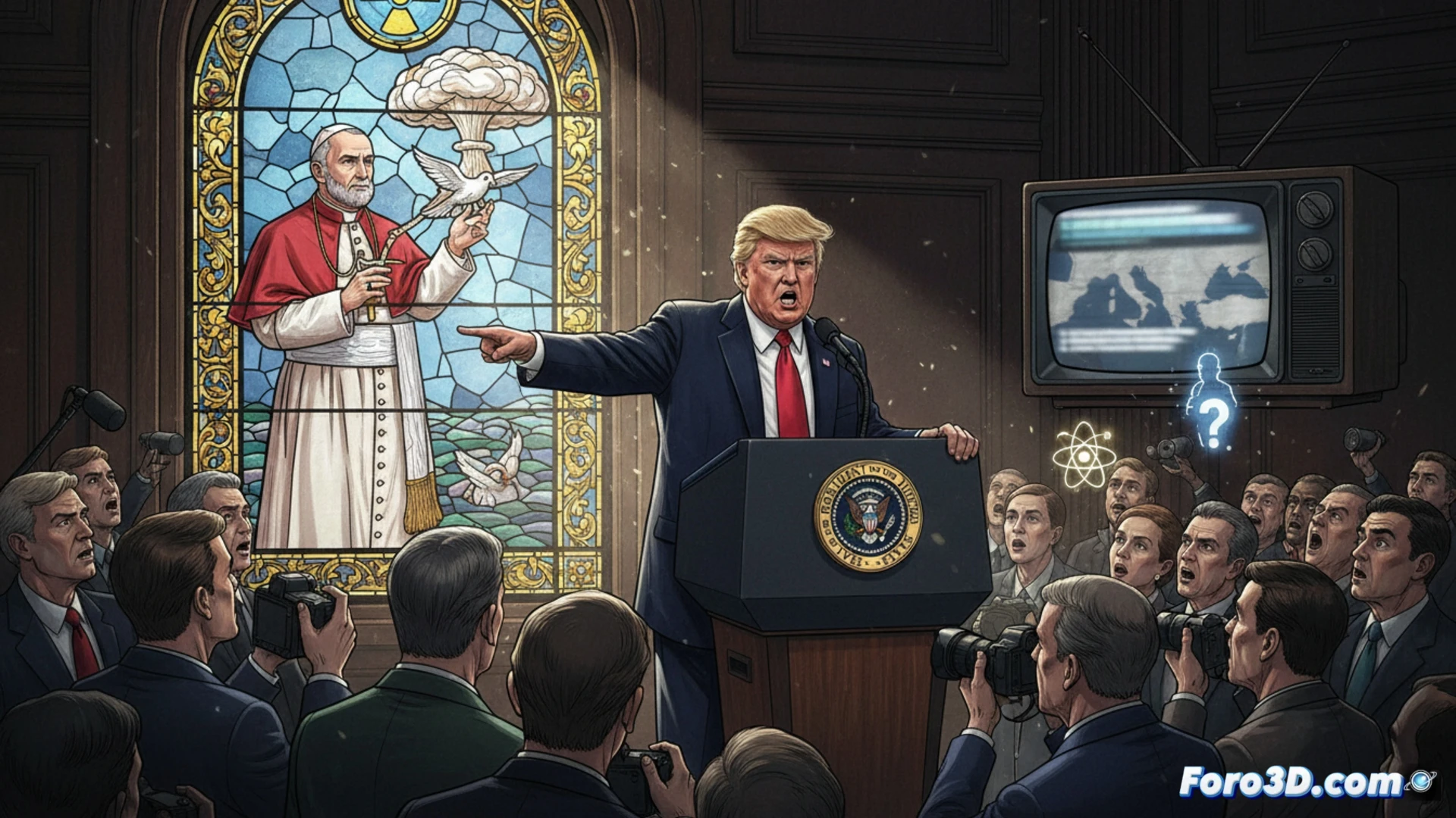 Un cartel de Trump señalando con ira al Vaticano, mientras el Papa León sostiene un ramo de olivo y un símbolo nuclear roto.