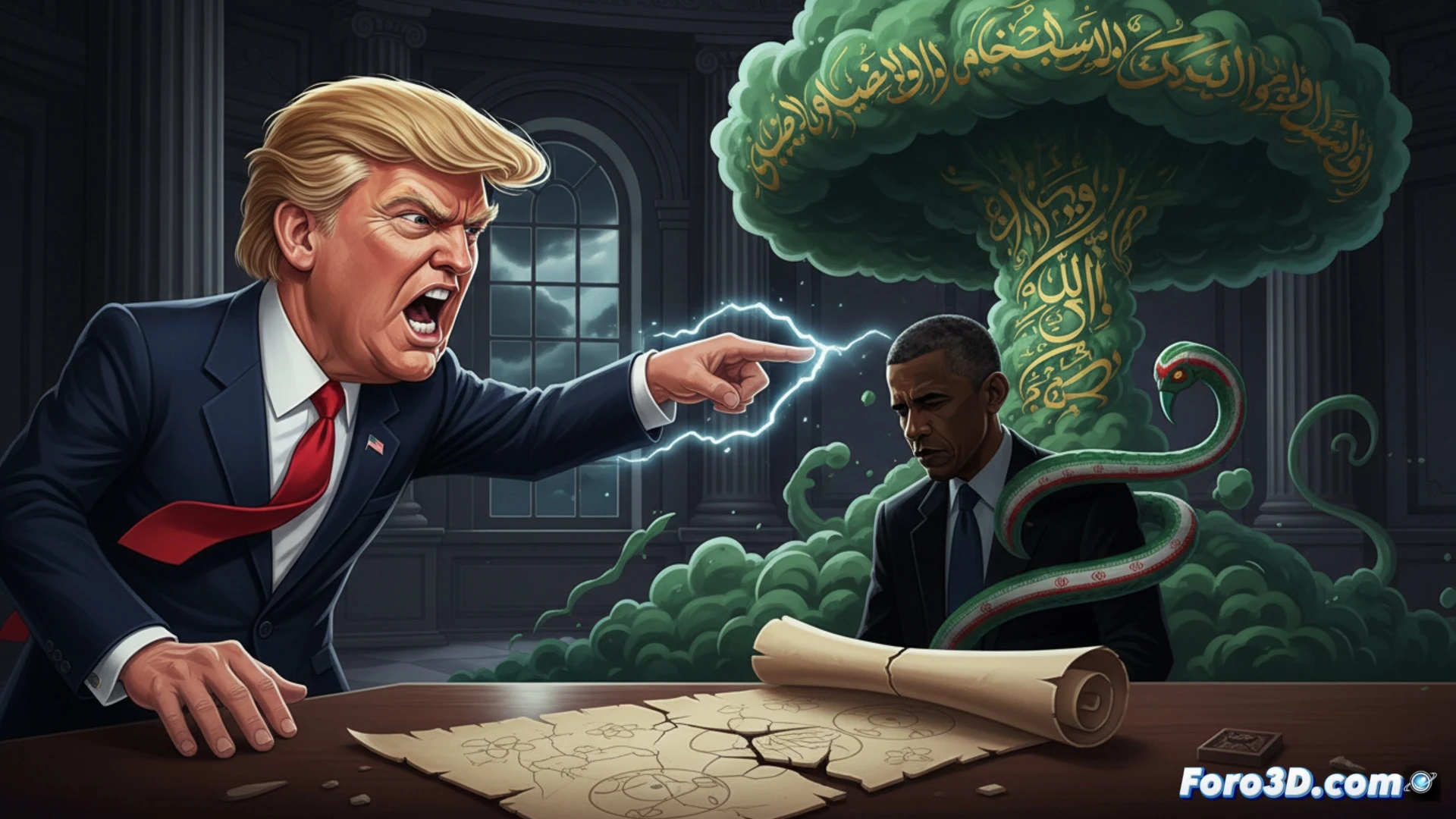 Donald Trump señala con desprecio a Barack Obama, mientras un mapa de Irán y acuerdos rotos yacen sobre la mesa.