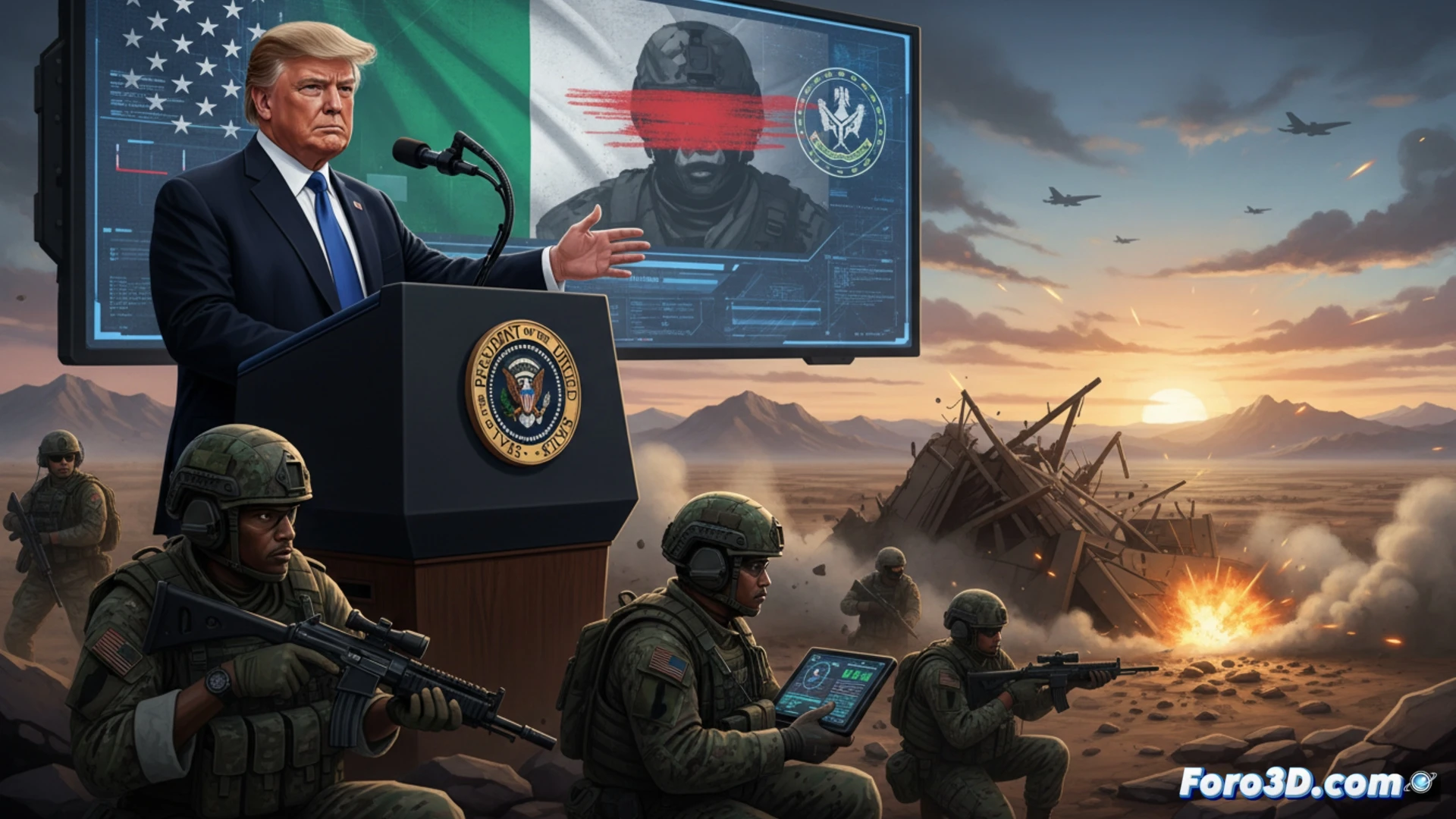 Photorealistic technical illustration of a military command center during a joint counterterrorism operation, two intelligence officers analyzing real-time drone feed on multiple screens, tactical map with glowing coordinates overlaid on West Africa region, encrypted communication equipment on desk, satellite uplink antenna visible through window, night operation lighting with blue screen glow, shadows and intense focus, cinematic documentary style, high-detail military technology, smoke from distant explosion faintly visible on monitor, strategic partnership demonstrated through shared data streams