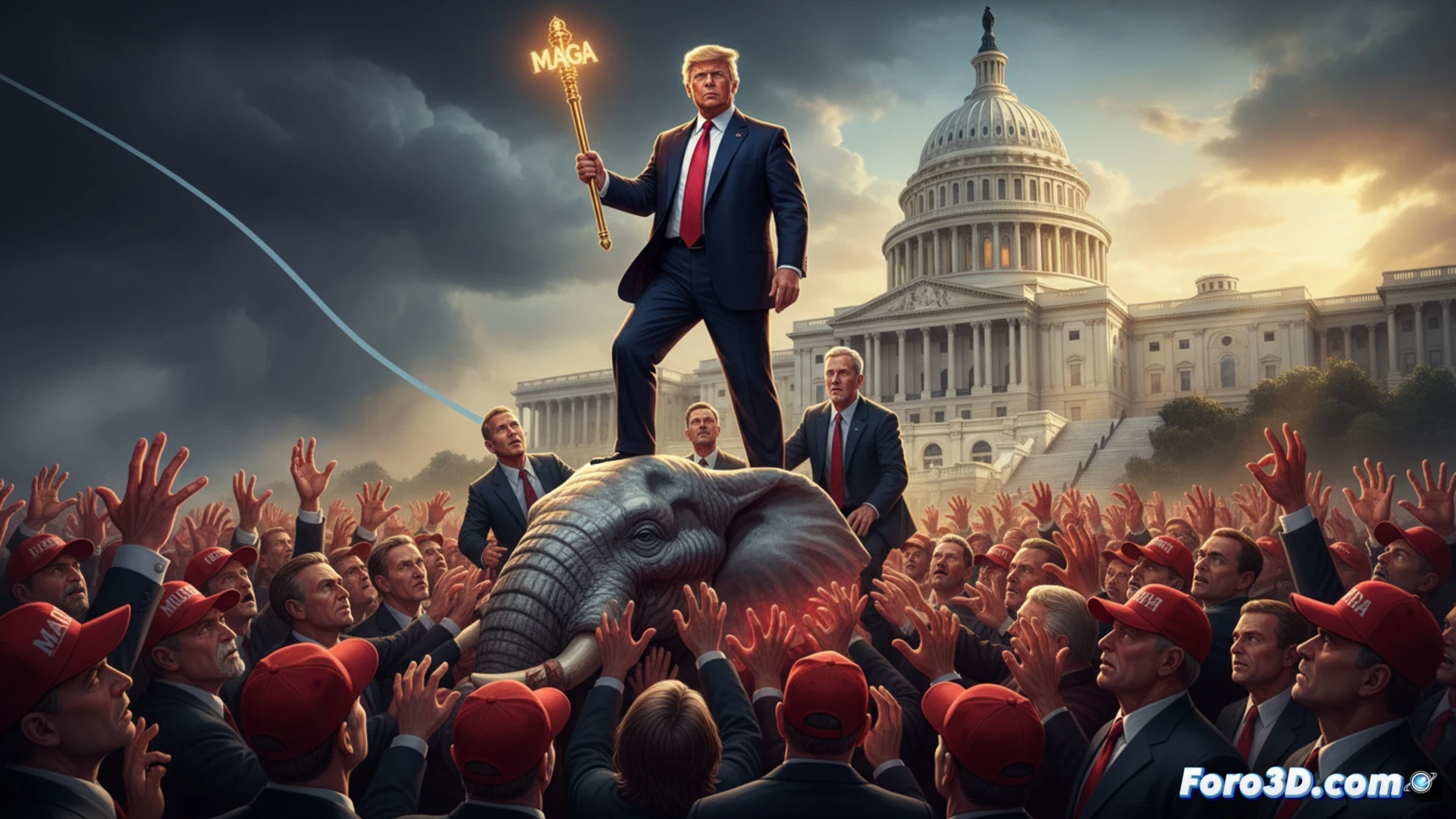 crowd of republican primary voters raising hands in unison at a rally, large american flag backdrop, digital voting screens on stage showing rising bar graphs for maga-aligned candidates, a smartphone livestream overlay capturing the scene, cinematic photorealistic style, dramatic spotlighting creating deep shadows, smoke machines at stage edges, red and blue lighting contrast, ultra-detailed faces and clothing textures, motion blur on raised hands and flags, technical rally visualization, high-contrast political event photography aesthetic