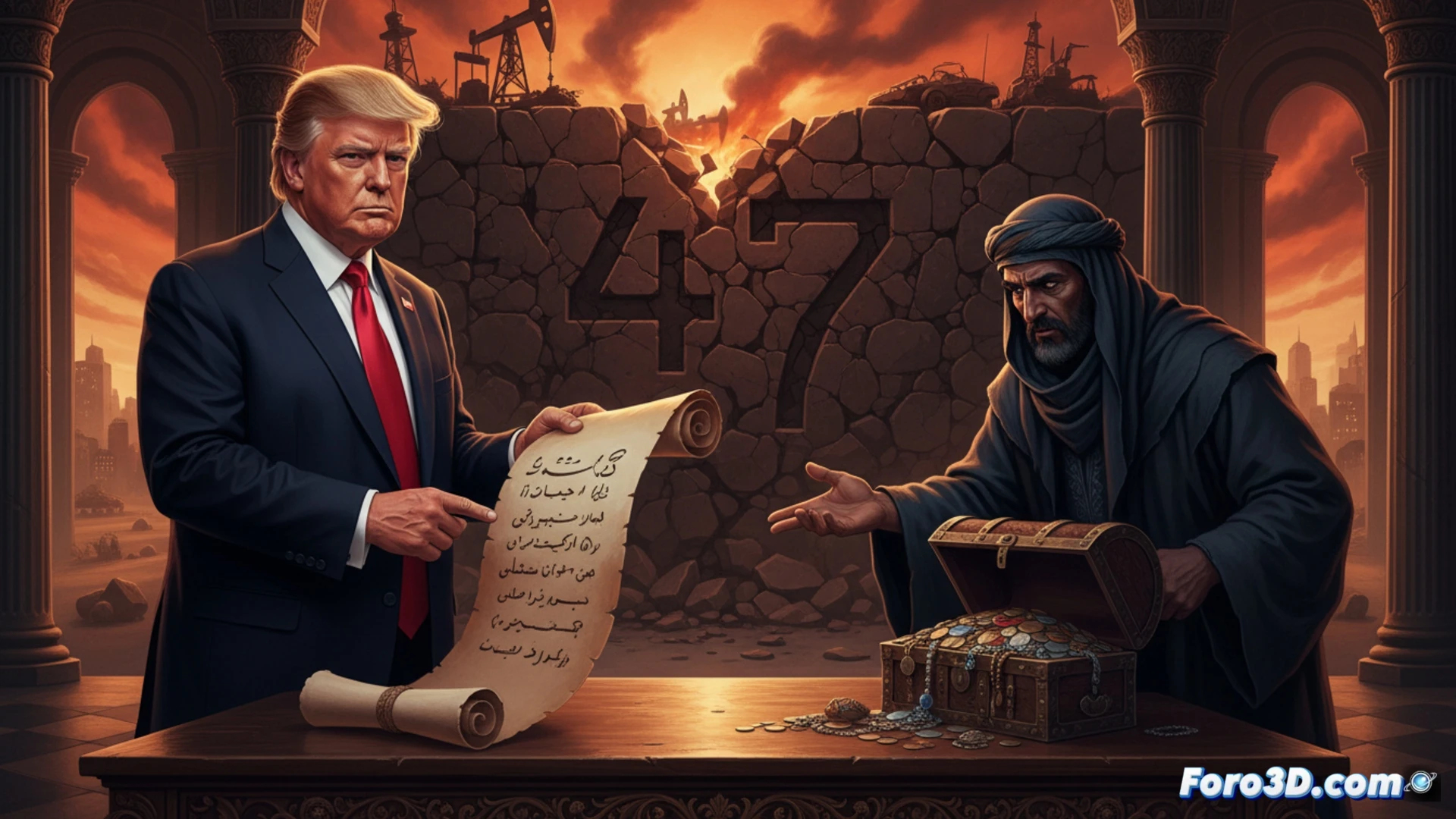 Un primer plano de Donald Trump frunciendo el ceño, con un mapa de Irán al fondo y monedas de oro cayendo sobre una balanza desequilibrada, simbolizando duda.