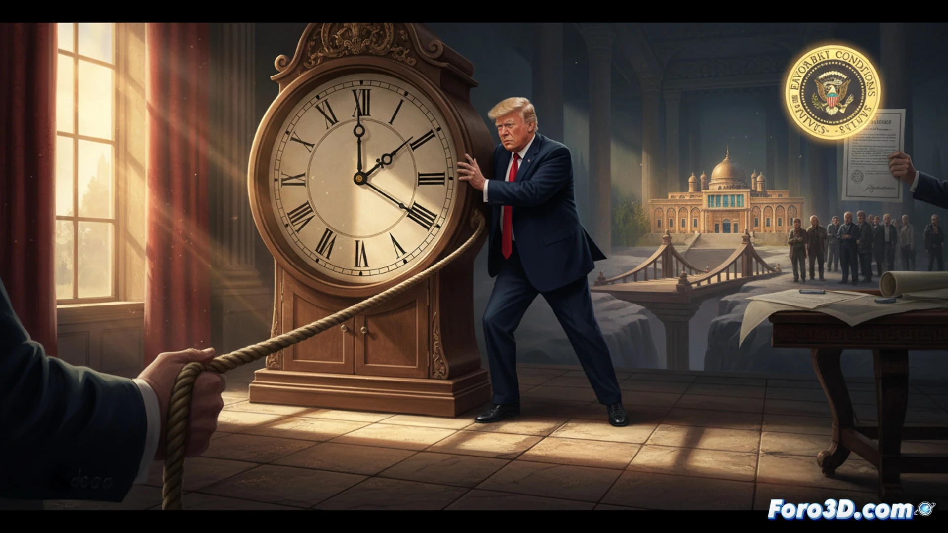 Photorealistic technical illustration of a negotiation table divided by a transparent digital barrier, American negotiators calmly reviewing documents on holographic screens while Iranian counterparts wait with paused hand gestures, a large digital clock on the wall showing a deliberately slow countdown, subtle glowing pressure gauges and diplomatic cables visible on the table, cinematic lighting casting long shadows, cold blue and warm amber tones contrasting, demonstrating calculated patience in high-stakes diplomacy, ultra-detailed textures of leather chairs and paper textures, dramatic chiaroscuro effect