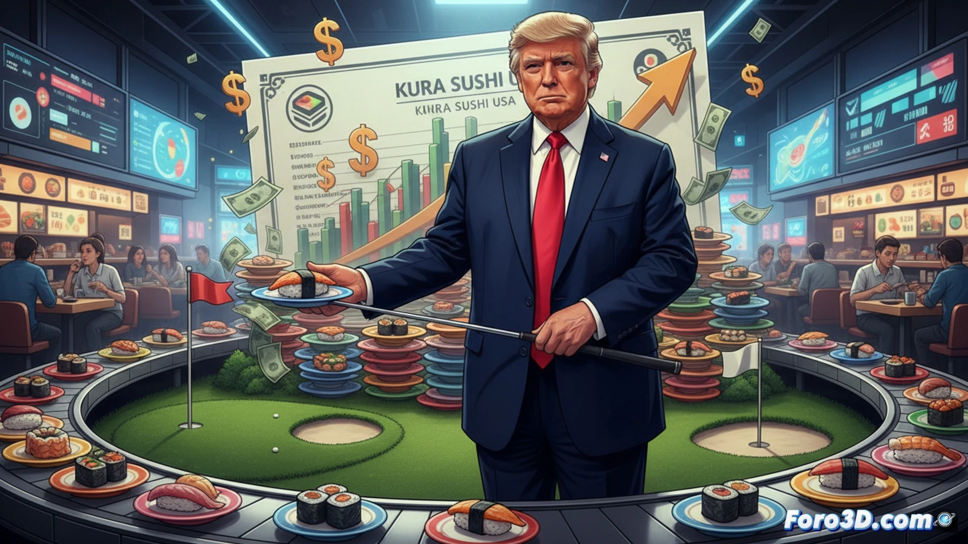 photorealistic cinematic scene of a golf club transforming into a conveyor belt of sushi plates mid-swing, sushi rolls with glowing financial graphs printed on nori passing through a futuristic stock exchange ticker, Kura Sushi conveyor belt mechanism integrated with polished mahogany and gold golf club shaft, high-end restaurant interior with holographic market data floating above tables, dramatic spotlight illuminating the hybrid golf-sushi machinery, ultra-detailed mechanical joints and plate rotation system, motion blur on swinging club head, reflective metallic surfaces, technical engineering visualization