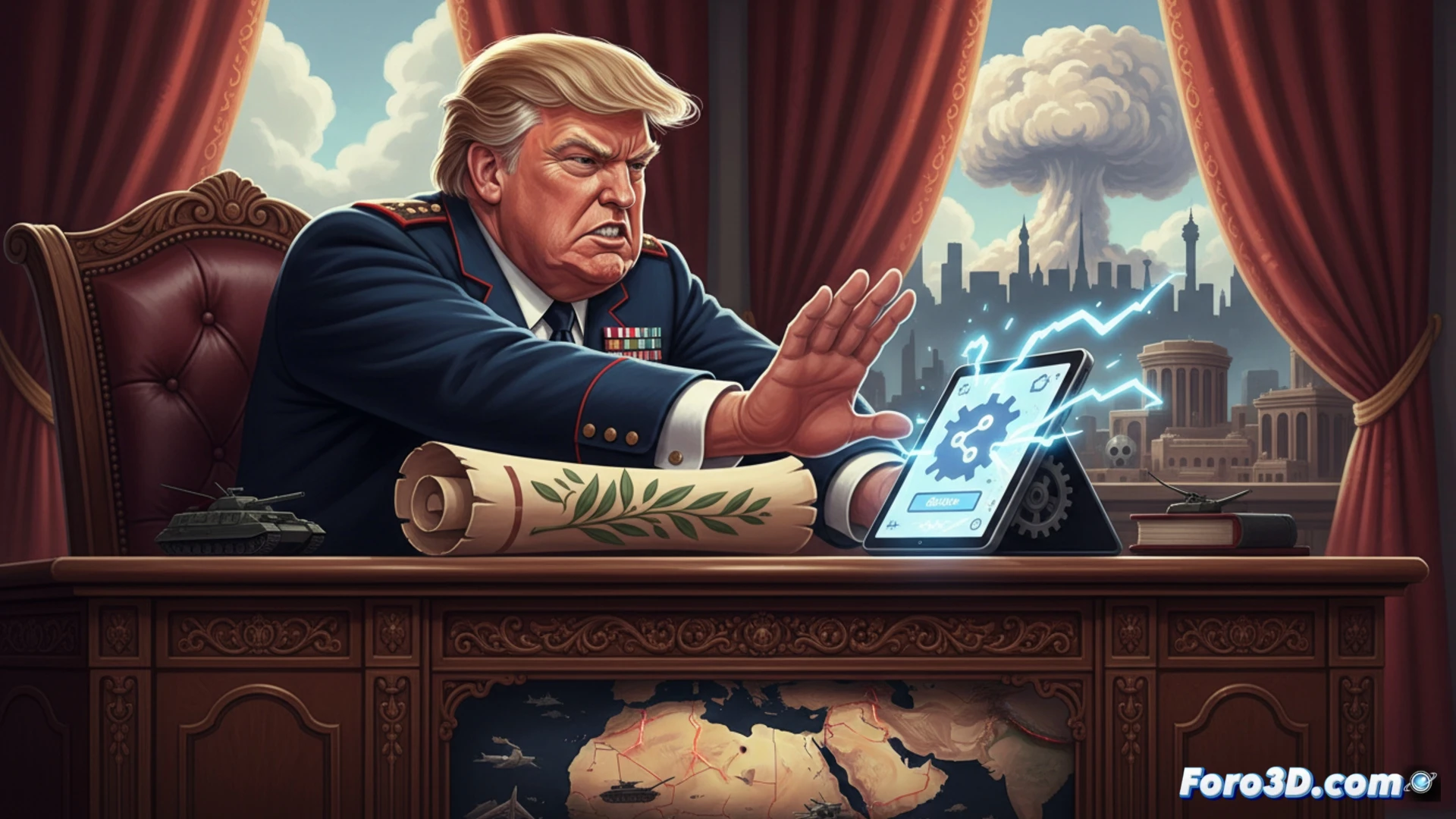 Donald Trump en Truth Social, con gesto airado, rechaza oferta iraní; mapa de Oriente Medio al fondo con tensión bélica.