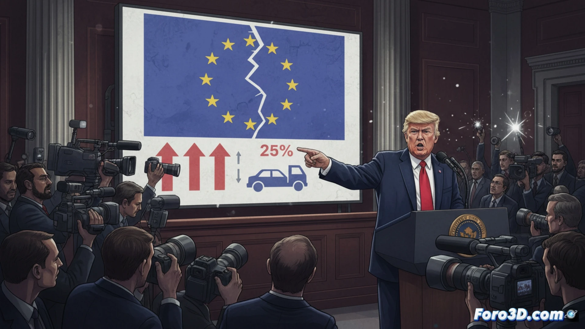 Un mapa de Europa con aranceles del 25% sobre autos europeos rumbo a EE.UU., junto a Donald Trump señalando la medida.