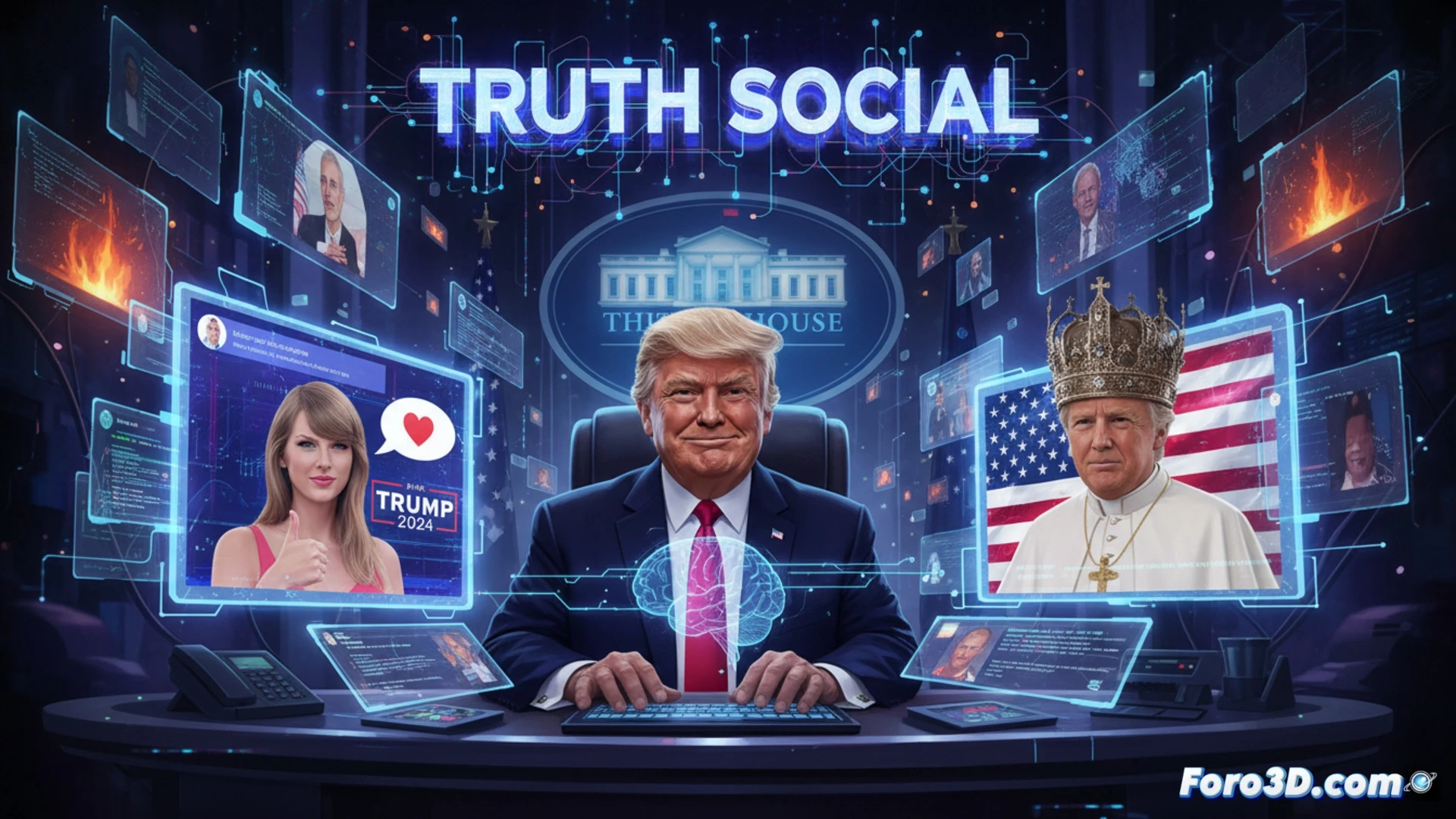 political propaganda AI creation scene in a dark digital studio, a smartphone displaying Truth Social interface with a glowing AI-generated Taylor Swift image being edited, Donald Trump silhouette reflected on screen while typing, photorealistic technical illustration, desktop showing deepfake software panels with neural network nodes and facial mapping tools, red MAGA hat beside a stylized papal collar prop, dramatic blue and red lighting, motion blur on keystrokes, glowing cursor hovering over post button, cinematic political thriller aesthetic, ultra-detailed screen reflections, realistic digital corruption artifacts on edges