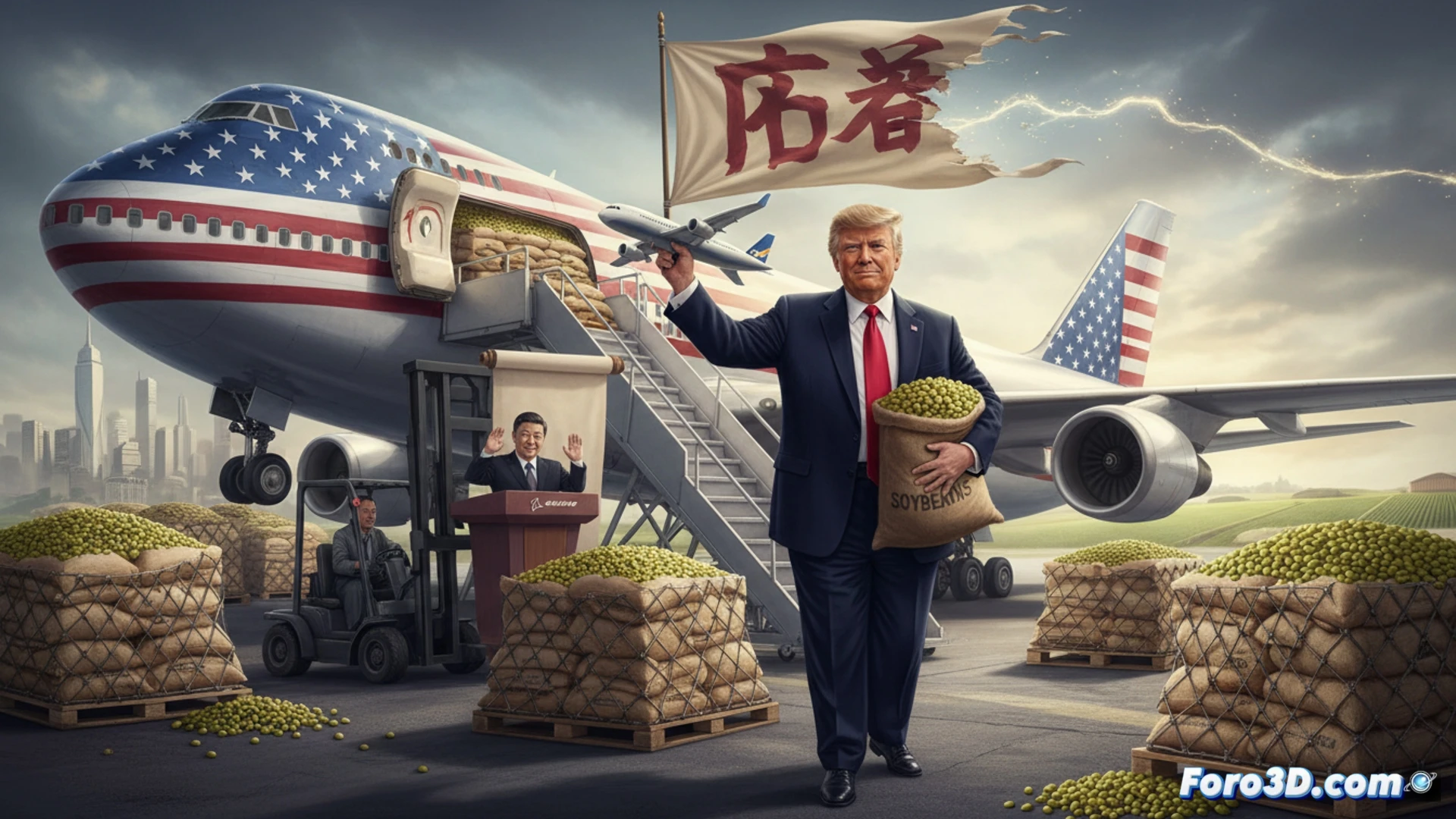 Photorealistic engineering visualization showing a US Air Force One Boeing 747 parked on a tarmac in Beijing, Chinese and American flags fluttering in wind, cargo containers labeled with soybean graphics being loaded into the aircraft hold, a diplomatic briefcase half-open on a metal table with no signed documents visible, two silhouetted leaders shaking hands under a grey sky, jet engines reflecting industrial hangar lights, metallic fuselage with condensation trails, dramatic overcast lighting, ultra-detailed mechanical landing gear, technical illustration style, sharp focus on aircraft nose and cargo hatch.