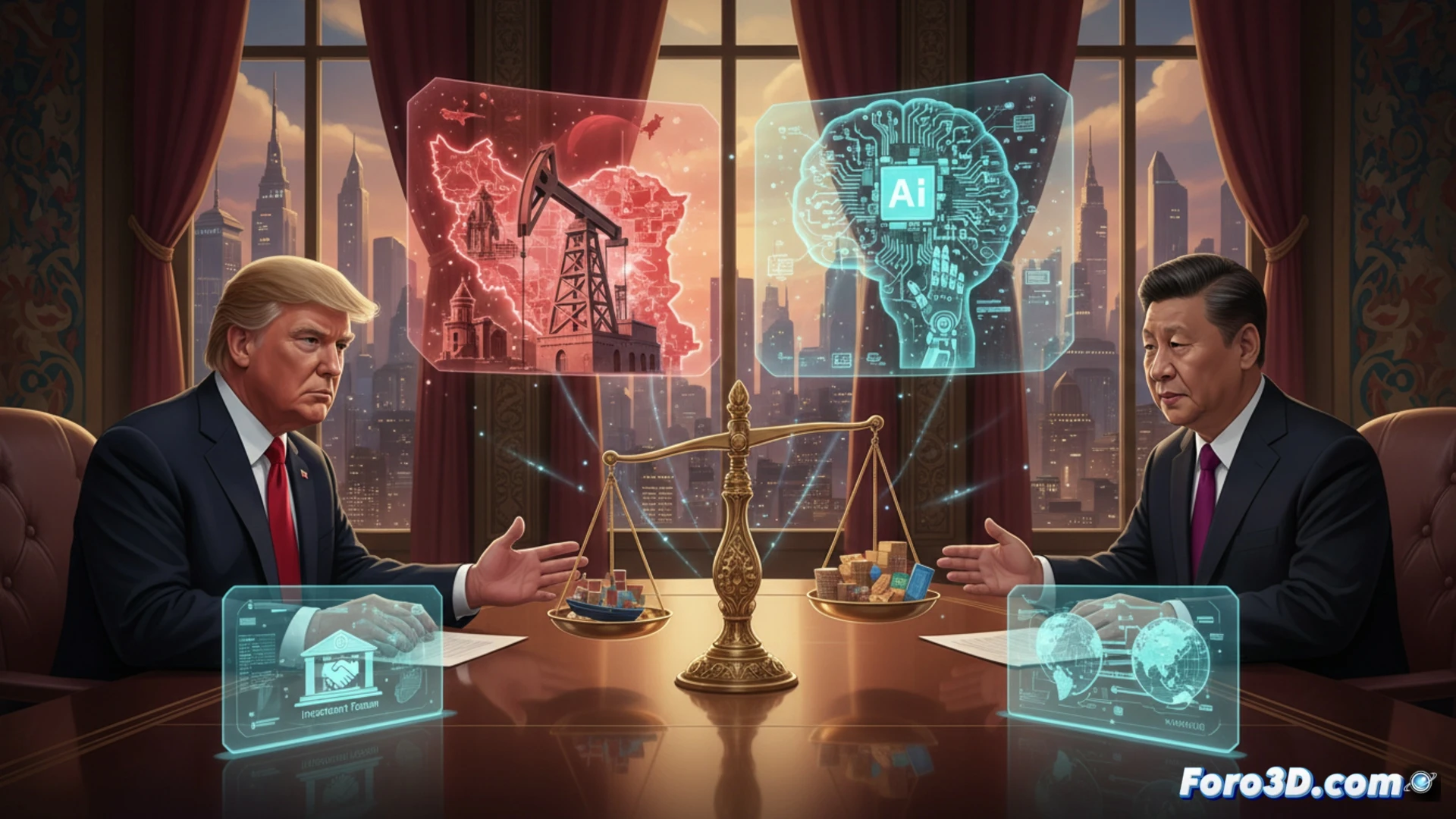 Dos líderes mundiales, Trump y Xi, negocian en una cumbre; al fondo, símbolos de Irán, IA y comercio.