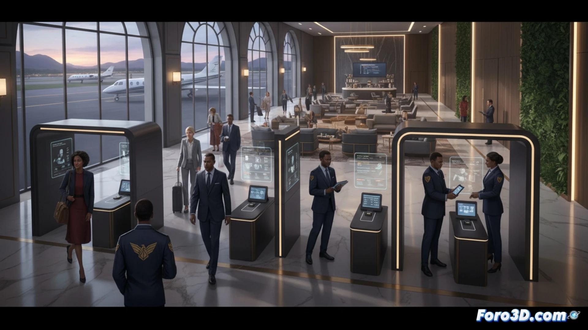 security checkpoint transition, private security contractor in blue uniform replacing federal TSA agent at screening station, modern airport terminal with advanced CT scanner and automated tray return system, passenger placing laptop in bin while private staff monitor dual-view display, contrasting government logo on wall being covered by private company emblem, clean minimalist architecture with soft LED lighting, cinematic photorealistic render, shallow depth of field focusing on handoff moment, security equipment with glowing status indicators, calm organized flow contrasting chaotic empty federal lanes in background, ultra-detailed materials and reflections on polished floor