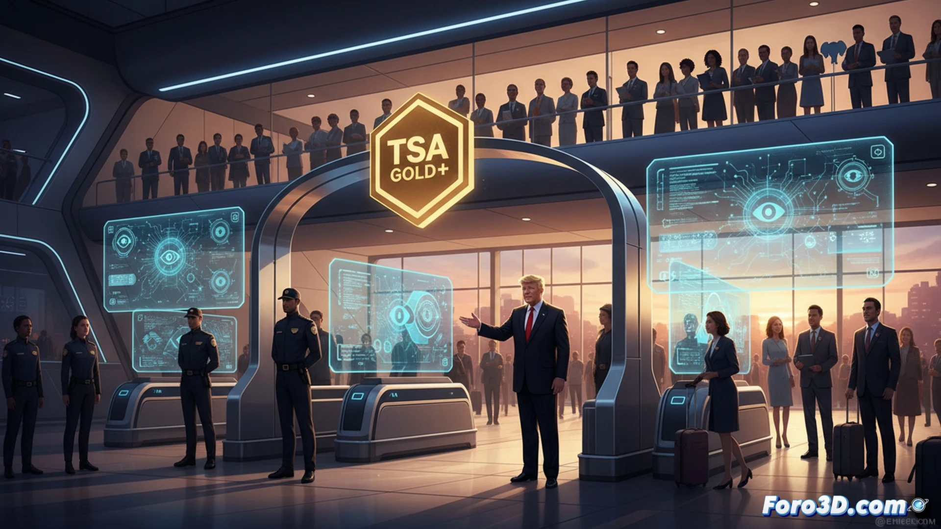airport security checkpoint transformation, TSA agent in uniform standing at a podium with a tablet, monitoring multiple AI-powered screening lanes, private contractor technicians in branded vests calibrating biometric scanners and baggage CT machines, passengers moving through expedited lanes with minimal stops, holographic interface showing real-time threat detection data and passenger flow metrics, glowing blue and orange system status indicators, sleek modern terminal architecture with glass walls, cinematic technical illustration style, sharp focus on human-machine interaction, balanced lighting with cool overhead LEDs and warm accent lights, photorealistic engineering visualization, demonstrating public-private supervision model in action