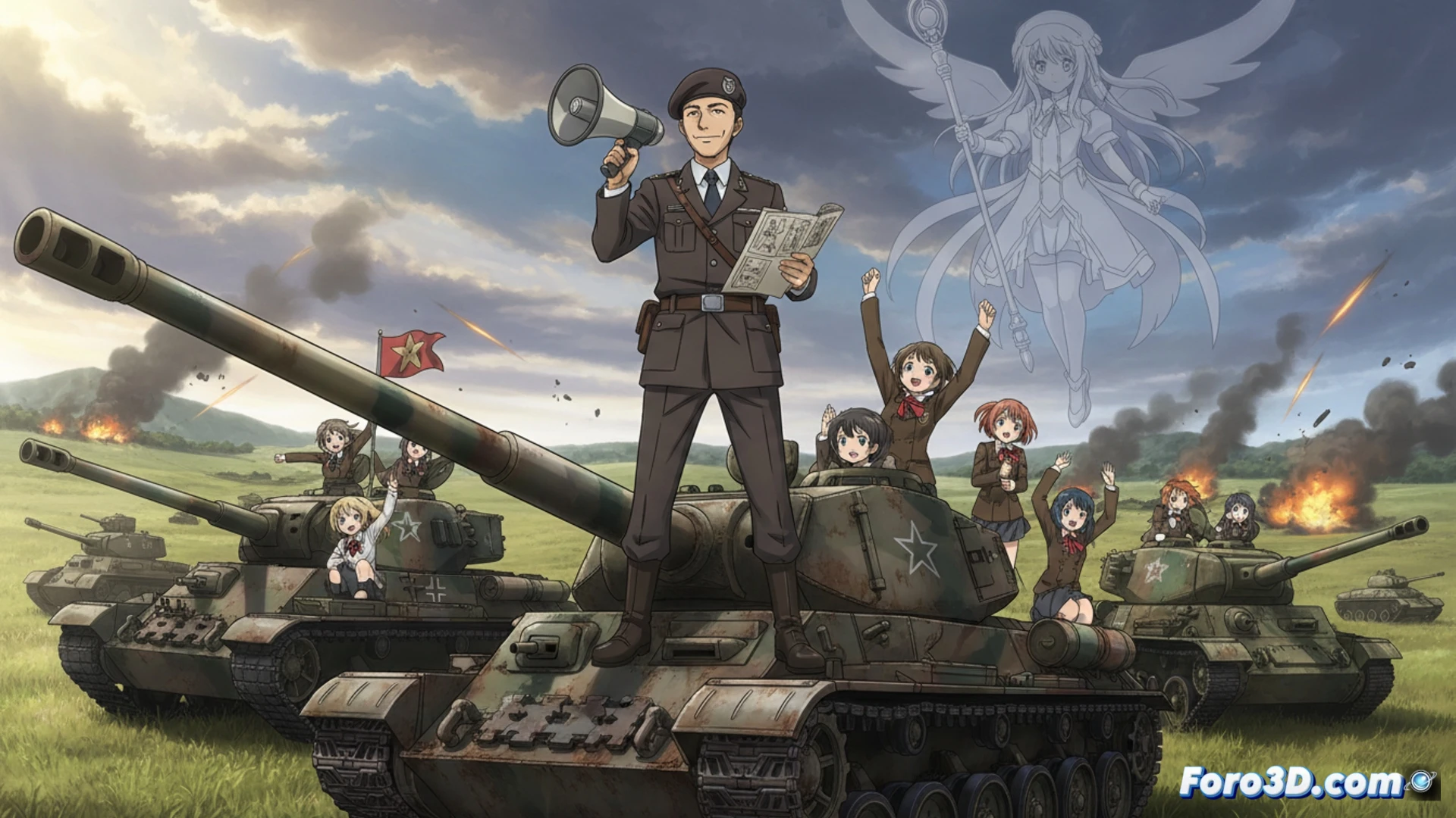 Un director de anime sonríe frente a tanques y chicas, mezclando caos y precisión en cada escena.