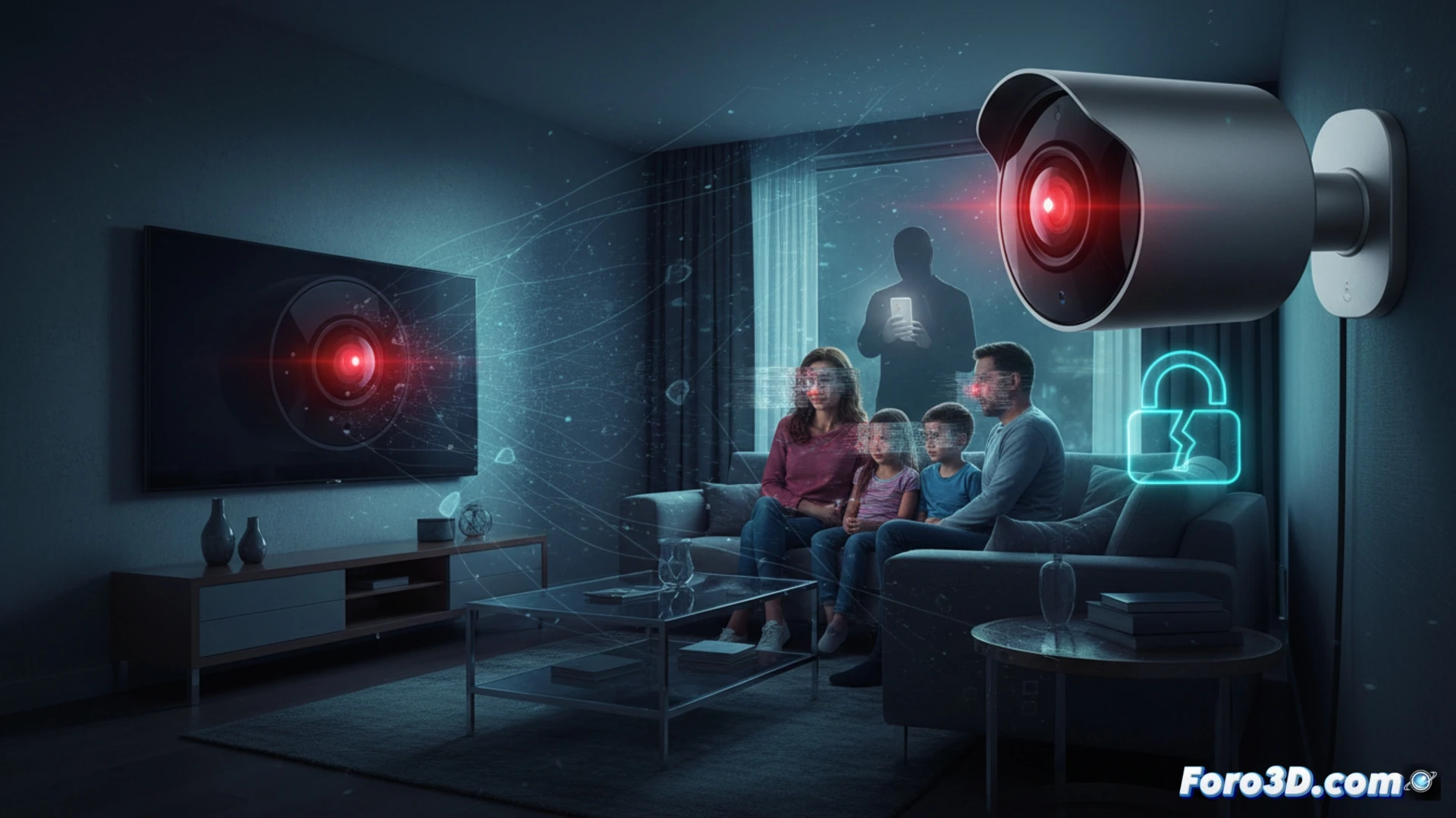Un primer plano oscuro de una cámara de seguridad con un ojo humano brillante en el lente, rodeada de líneas de código y una cadena rota que simboliza la vulnerabilidad por contraseñas débiles.
