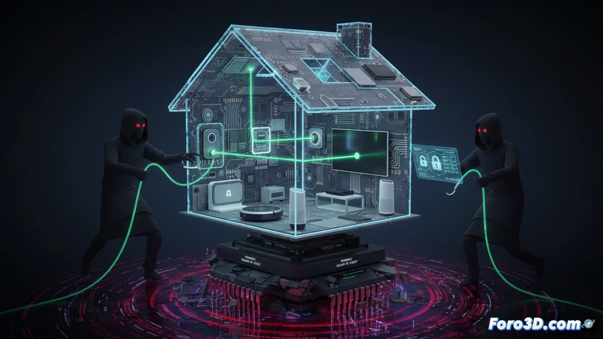 Hogar con bombillas, termostato y cámara WiFi brillando en rojo, sombra de hacker con portátil proyectada en la pared.