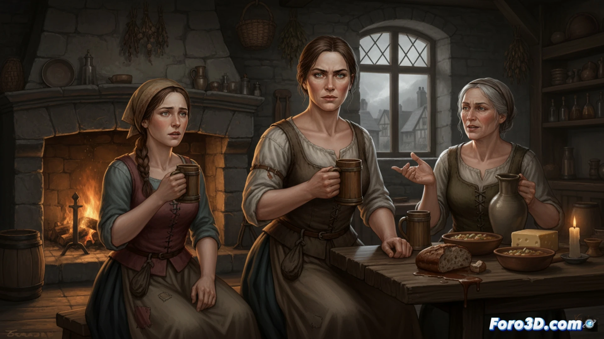 Tres mujeres en un bar oscuro de Essex, 1536, brindan mientras esperan la ejecución de Ana Bolena.