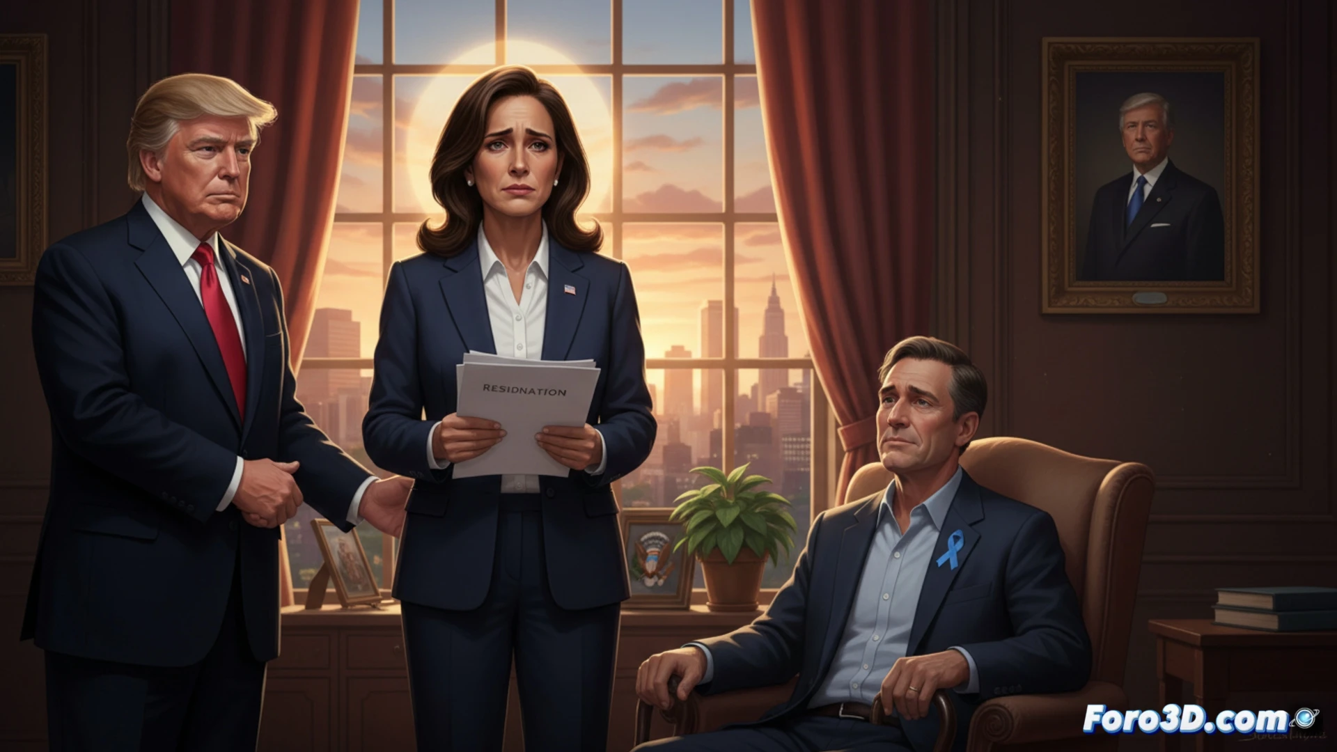 photorealistic cinematic scene of a female intelligence director standing at a modern command center desk, one hand placing a signed resignation letter on a glass table, the other holding a smartphone displaying a social media interface, background showing a large screen with a medical diagnostic interface showing a bone scan with highlighted cancer markers, her husband silhouette visible through a glass office door, American flag on the wall, dramatic office lighting, emotional tension visible in her facial expression, ultra-detailed office environment, photorealistic technical render