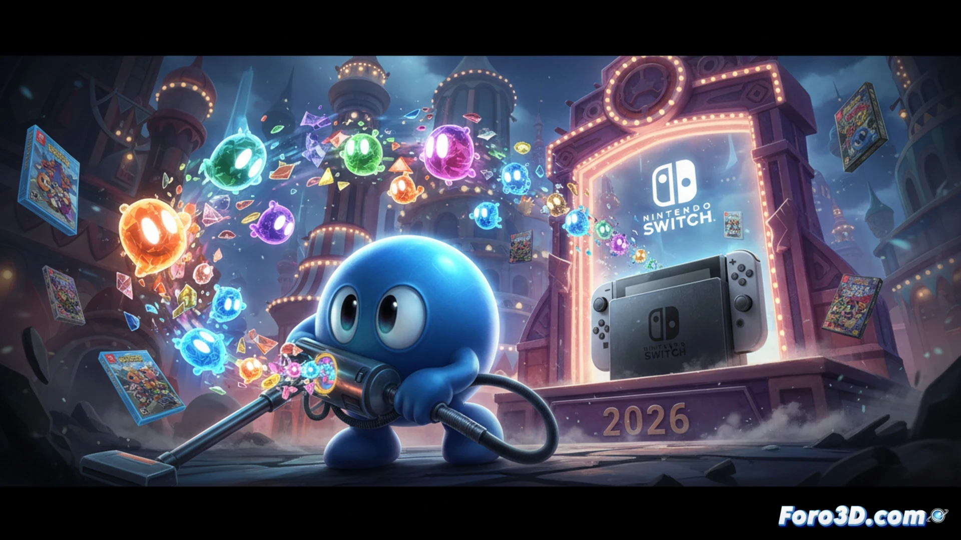 Título del juego Tumblepop: Memories en una pantalla de Switch, con gráficos renovados y vibrantes, mostrando al héroe atrapando monstruos en una burbuja, evocando el estilo arcade de 1991.