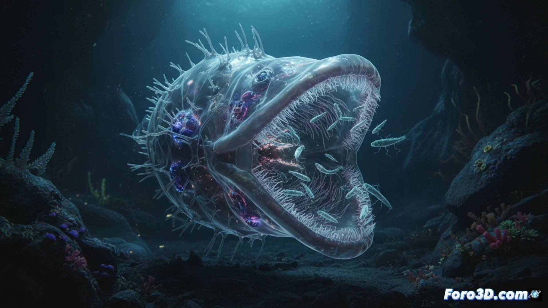 Tunicado predador Megalodicopia sp. con boca gigante, modelado 3D de biomecánica marina en Chile