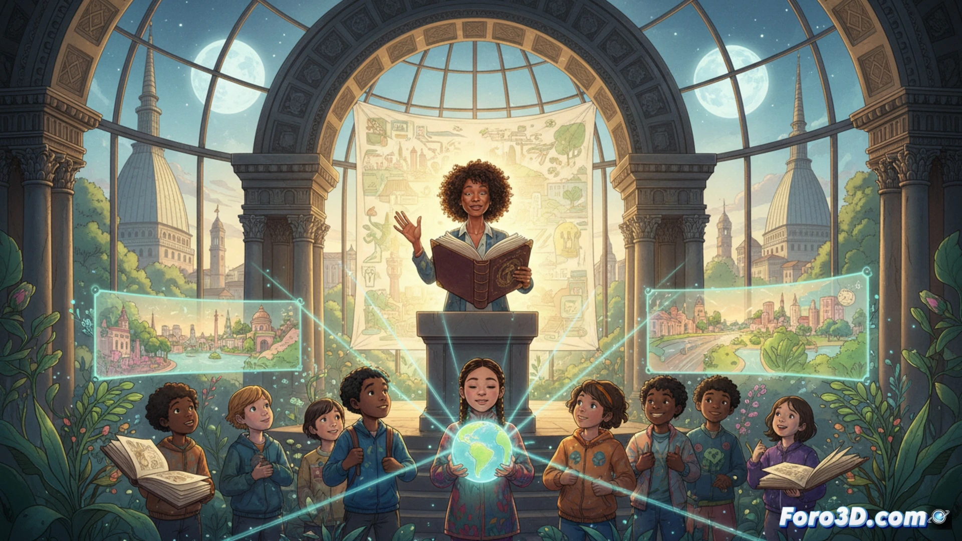 Una niña lee un libro abierto del que emerge una ciudad iluminada, mientras Zadie Smith escribe con pluma estilográfica.