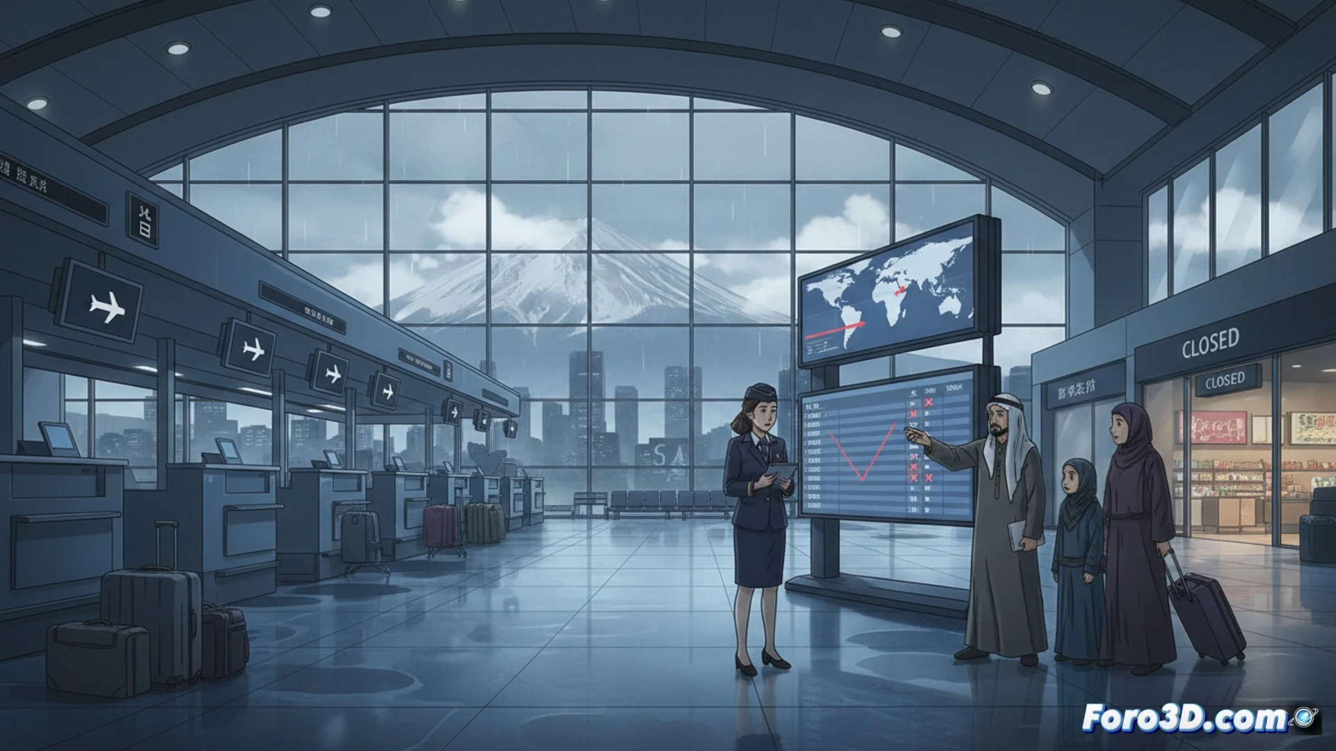 Aerial view of Narita Airport tarmac during sunset, empty boarding gate with no passengers visible, airline ground crew standing idle beside grounded aircraft, luggage carts parked without movement, digital departure board showing cancelled flights to Middle East destinations, airport staff checking tablet data with declining visitor statistics, photorealistic cinematic lighting, muted blue and grey tones, empty terminal corridors reflecting low tourist flow, technical aviation infrastructure, realistic cloud shadows over runway