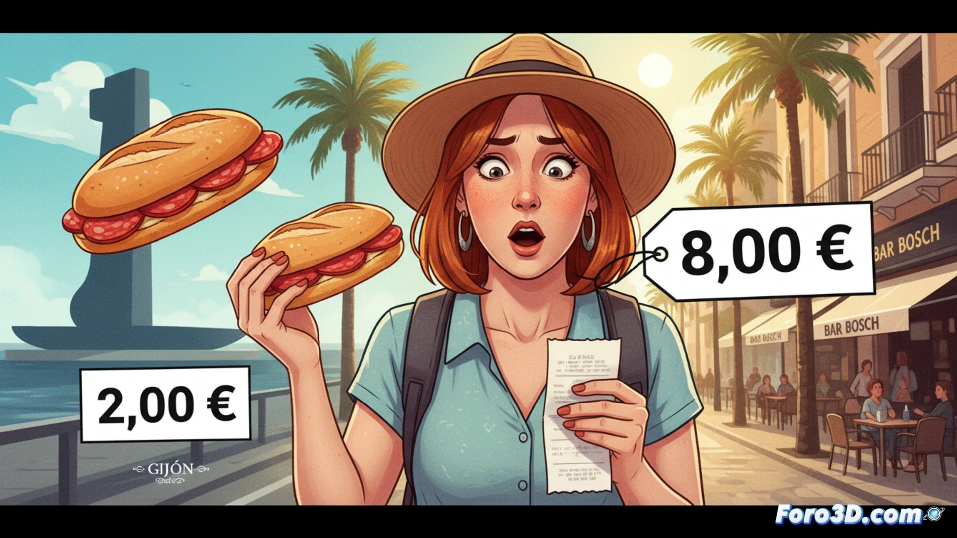 Un turista en Palma sostiene un tique de 8 euros frente a un llonguet, con cara de sorpresa. Al fondo, el Bar Bosch.