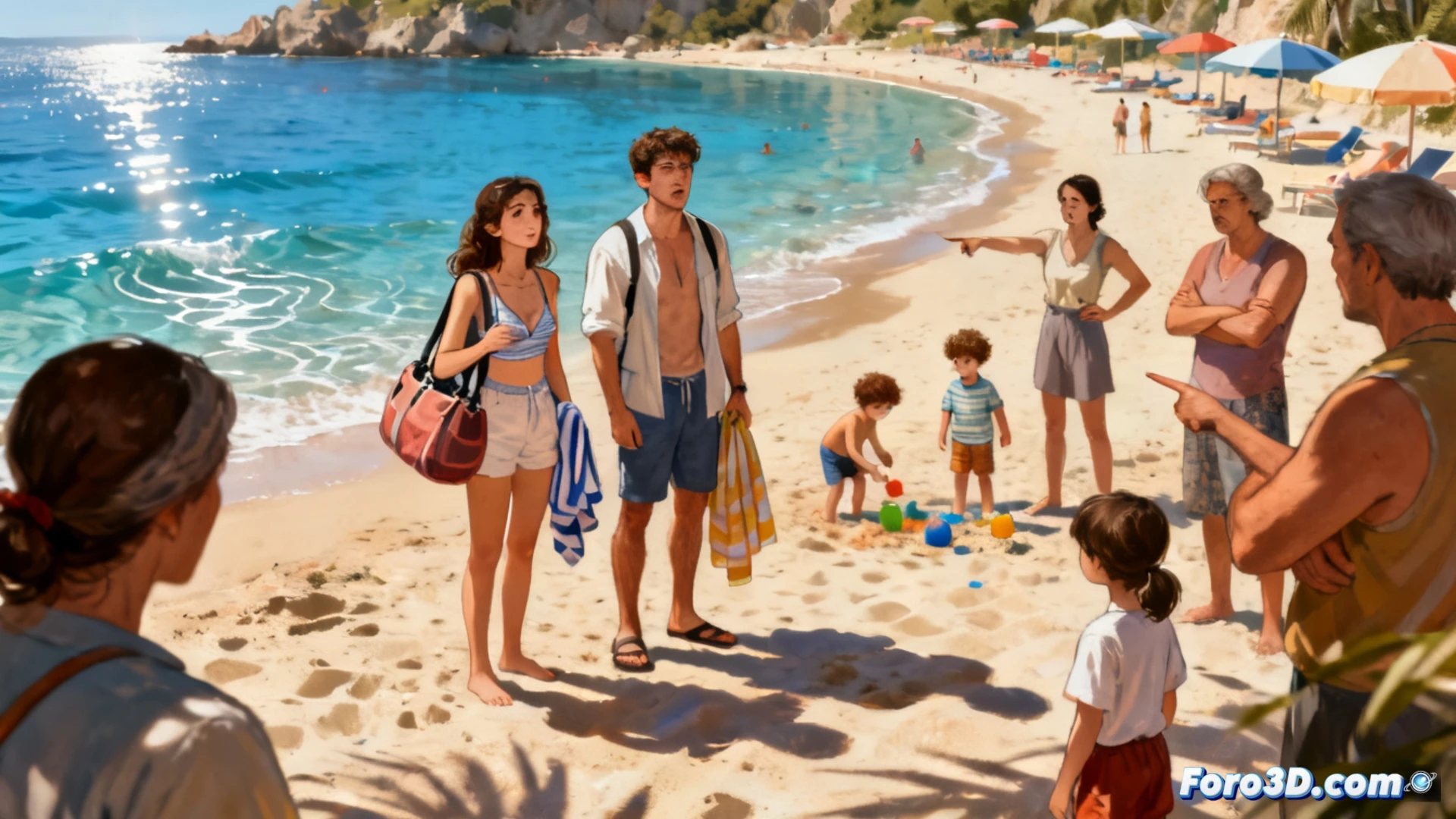 Grupo de turistas confundidos revisando un mapa en una tableta digital mientras se instalan en una playa familiar llena de niños construyendo castillos de arena, señal de playa nudista invisible en el GPS, toallas y sombrillas desplegadas en la arena, niños jugando cerca, miradas de desaprobación de otros bañistas, luz solar intensa de mediodía, contraste entre la escena infantil y la confusión de los adultos, estilo cinematográfico realista, fotografía de alta calidad, ángulo picado desde la orilla mostrando la acción completa