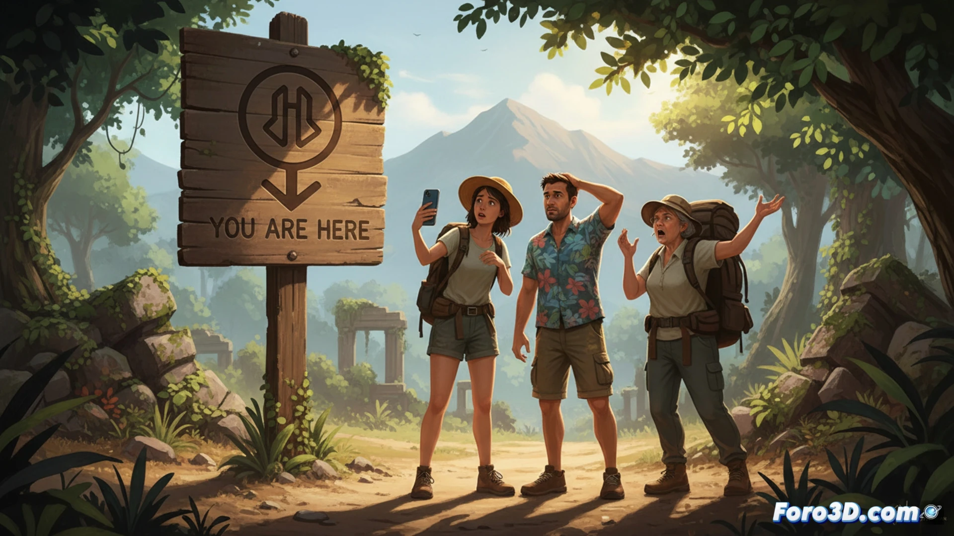 Photorealistic scene of a confused tourist holding a smartphone high like a compass, standing directly beside a large metallic You-Are-Here map sign with glowing red dot, sweat dripping on face, walking in circles around the signpost, phone screen showing no signal icon, offline map app closed, sun casting harsh shadows on cobblestone plaza, other lost tourists repeating same circular path in background, ultra-detailed urban signage, heat haze distortion, dramatic summer sunlight, cinematic technical illustration, demonstrating paradoxical navigation failure