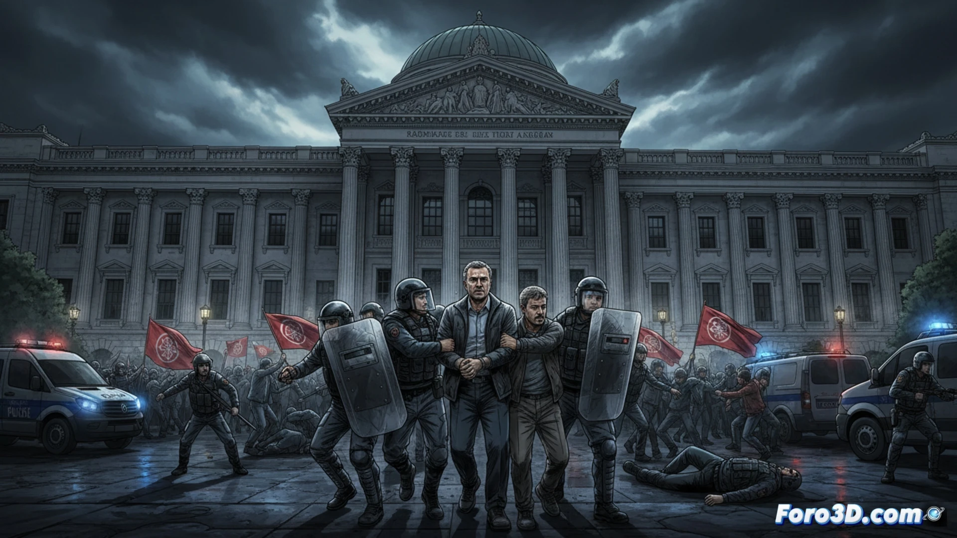 photorealistic cinematic wide shot of Turkish police forces storming a modernist concrete party headquarters building in Ankara, shattered glass doors, security guards in riot gear pushing past overturned metal barricades, a middle-aged man in a dark suit being handcuffed by officers inside a glass-walled office, his hand pressed against a computer monitor showing a party election results screen, papers and laptop scattered on a steel desk, dramatic high-contrast lighting with blue and red emergency lights flashing through the windows, ultra-detailed architectural interior with exposed HVAC ducts and security cameras, motion blur on the arrest action, tense political confrontation atmosphere, technical engineering visualization of a building security breach