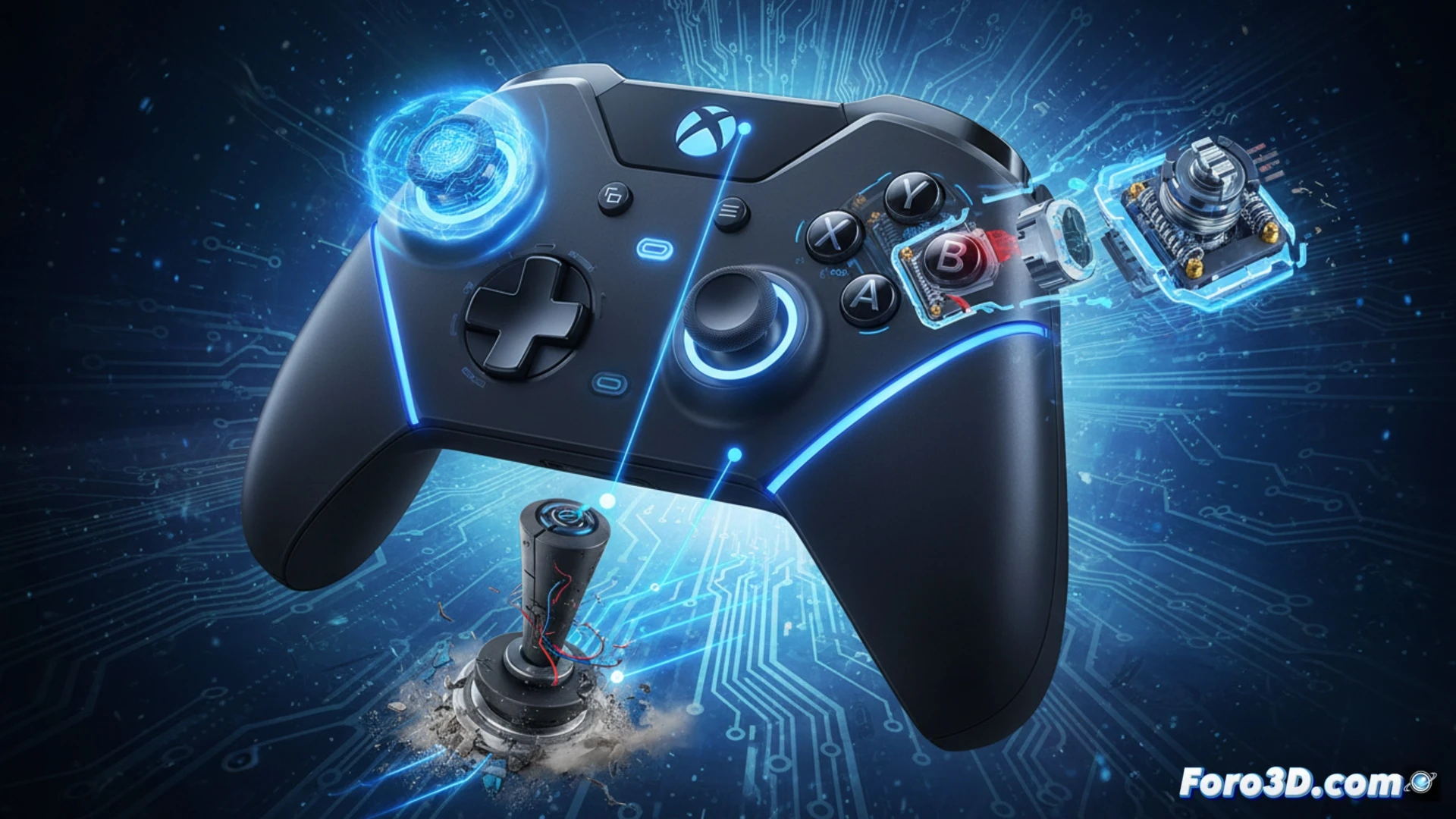 Close-up macro shot of a Turtle Beach Stealth Ultra controller being disassembled, metallic tweezers removing a traditional analog stick module while a glowing Hall effect sensor sits exposed on the circuit board, magnetic field lines visualized as translucent blue arcs arcing between the sensor and stick magnet, tactile switch array beneath buttons shown with cross-section cutaway, no drift path traced by a red dotted line crossing out a ghosted analog stick, photorealistic technical illustration, engineering visualization, ultra-detailed PCB traces, dramatic side lighting reflecting off gold contact pins, cinematic depth of field, sharp focus on the Hall sensor component