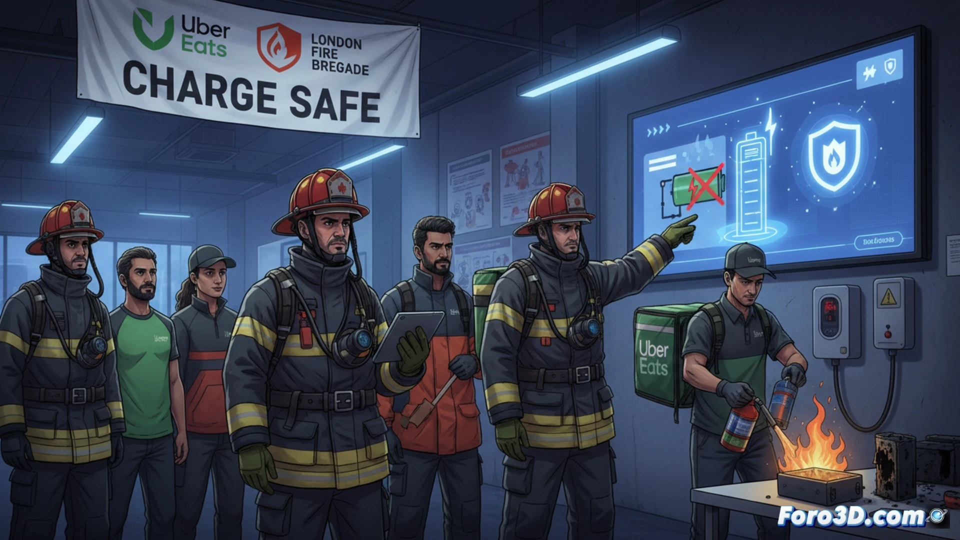 Photorealistic technical illustration of a delivery e-bike battery exploding in a residential garage, lithium-ion cells venting with intense orange flames and thick black smoke, a firefighter in full gear demonstrating safe battery storage on a nearby shelf while a delivery rider watches, smoke detector activating on ceiling, melted plastic and damaged charger on floor, cinematic dramatic lighting, ultra-detailed thermal damage textures, fire safety infographic style, emergency response scene, realistic materials and reflections, dynamic action frozen in time