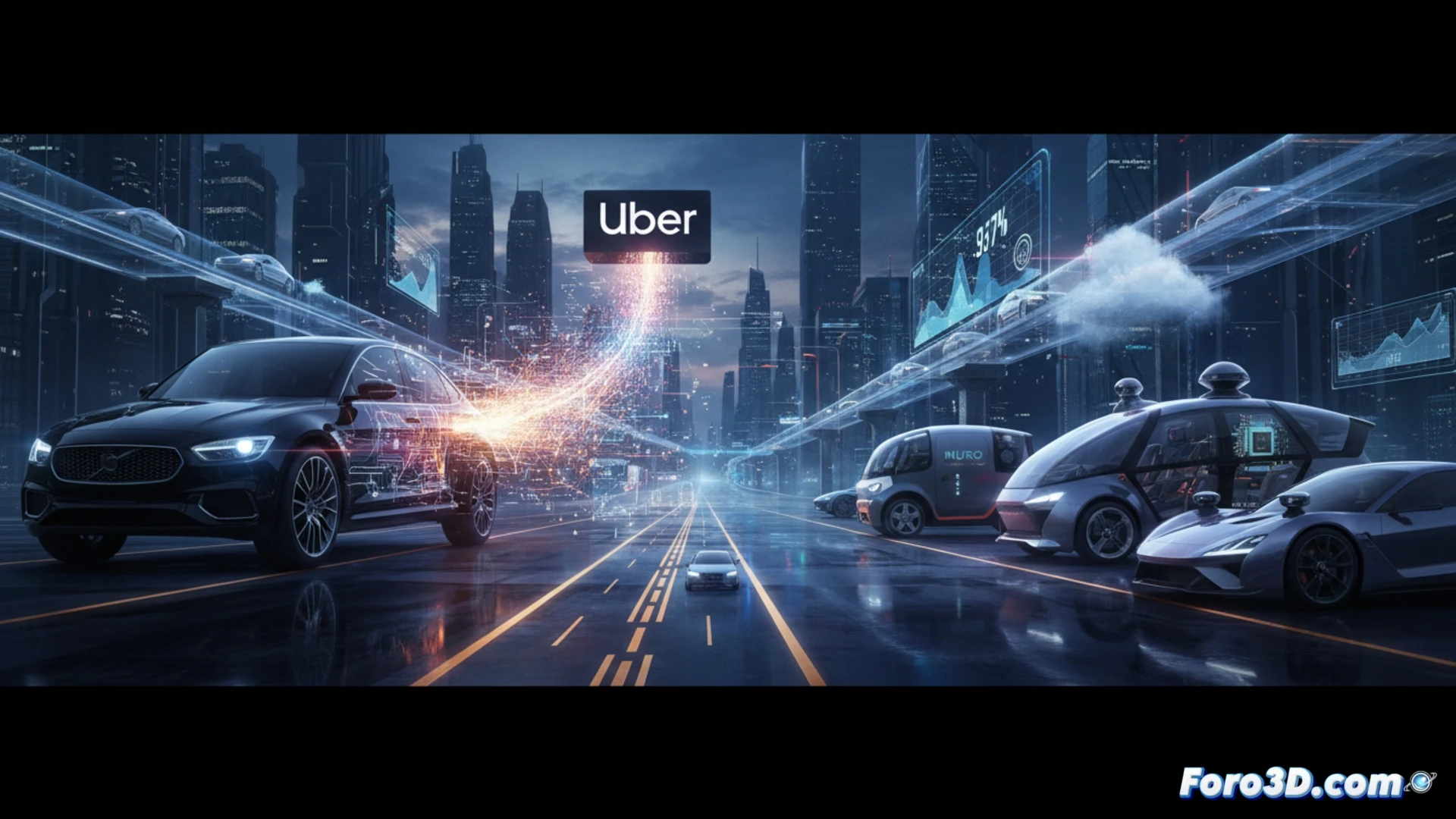 Autonomous vehicle fleet data sharing network visualization, Uber connected cars transmitting driving data streams as glowing blue particles flowing toward partner logos on a central server hub, multiple autonomous test vehicles from Wayve WeRide Nuro and Waabi driving simultaneously on a multilane highway at night, lidar sensors scanning the road with visible laser beams, camera arrays mounted on rooftops capturing road geometry, real-time mapping data processing shown as holographic wireframe overlays on the windshield, cinematic engineering visualization with neon cyan and orange accents, ultra-detailed vehicle sensor clusters, motion trails of 2 million monthly miles accumulating as luminous path lines on a digital dashboard, photorealistic technical render with dramatic low-angle lighting