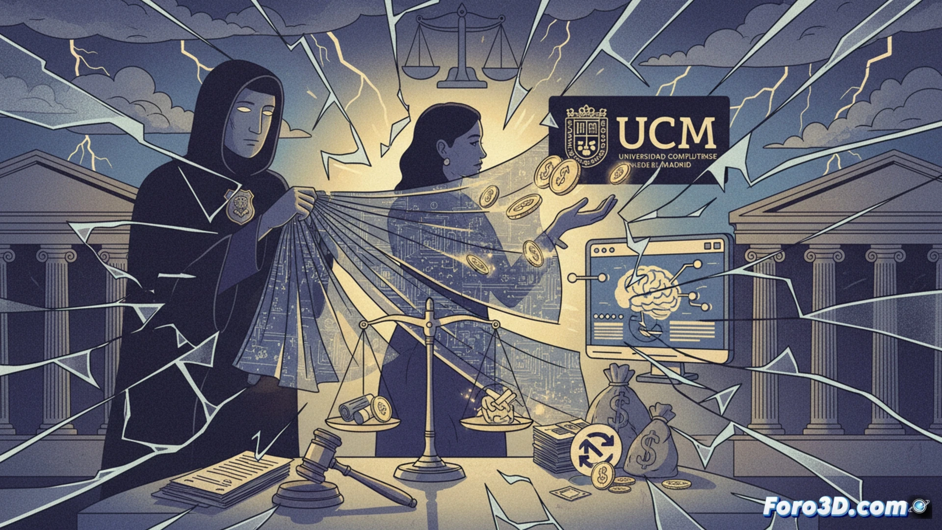 Investigación judicial en curso, detective señalando diagrama de flujo financiero en pantalla táctil, flechas rojas conectando pagos entre empresa privada y sociedad de Begoña Gómez, mientras otro monitor muestra código fuente de software universitario con logo UCM, expedientes apilados y lupa sobre documentos, estilo cinematográfico técnico, iluminación dramática azul y ámbar, sombras marcadas, textura de papel oficial, profundidad de campo, render fotorrealista