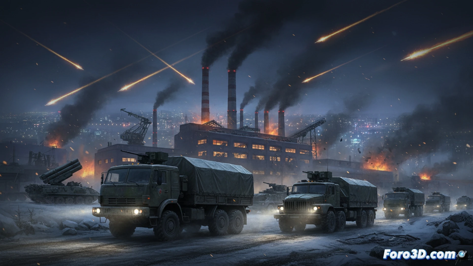 long-range drone swarm approaching a Ukrainian power substation at dusk, multiple cruise missiles and ballistic missiles visible in background sky, air defense tracers slicing through smoke, industrial transformers and high-voltage lines in foreground, technical engineering visualization, glowing infrared heat signatures on missile bodies, metallic debris falling from intercepted drones, motion blur on fast-moving projectiles, dramatic orange and grey smoke clouds, realistic military hardware details, photorealistic cinematic render
