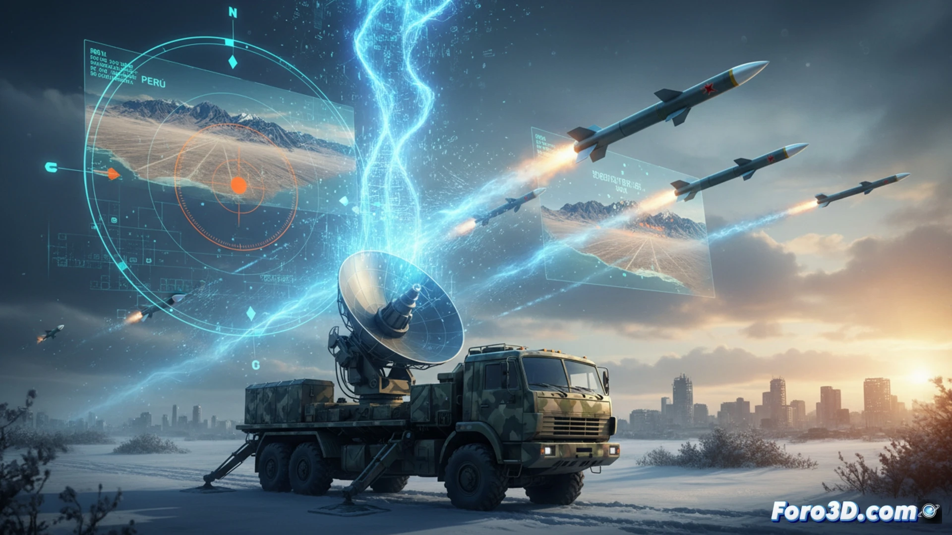 Ukrainian electronic warfare system mounted on military truck, antenna array emitting invisible GPS spoofing signals, Russian cruise missile mid-flight trajectory curving away from city, missile navigation screen showing false map coordinates of Peru, radar display with ghost signals, desert terrain below instead of urban infrastructure, cinematic photorealistic style, dramatic sunset sky, glowing digital interference lines, detailed antenna hardware, missile engine exhaust trails, technical engineering visualization, action captured during signal deception process