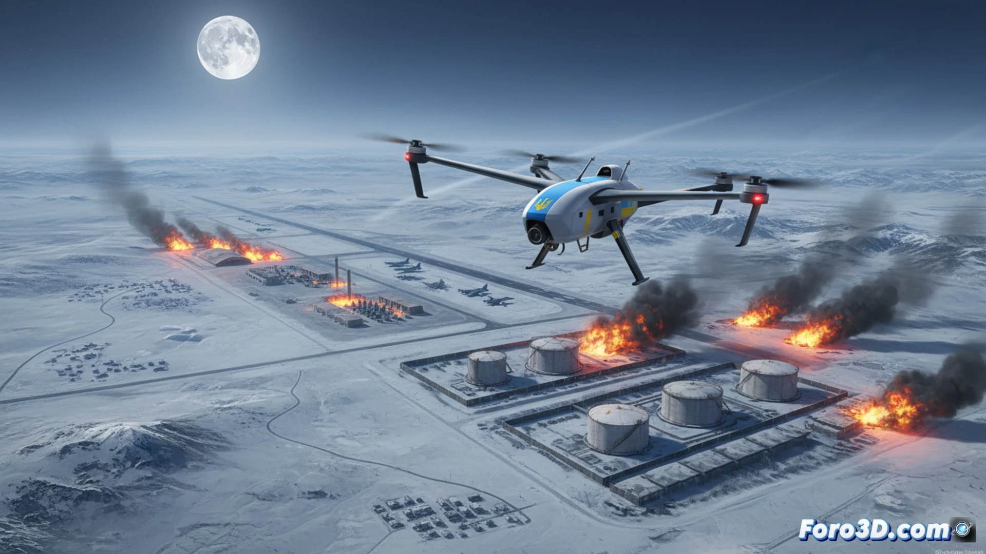 Ukrainian FPV drone flying low over a Russian oil refinery at night, explosion plume rising from a fuel tank, secondary blast wave distorting the air, drone camera POV showing illuminated industrial complex below, heat signatures from burning infrastructure, smoke trails across the dark sky, cinematic tactical strike visualization, photorealistic military technology render, dramatic orange and black lighting, ultra-detailed drone wings and propeller blur, infrared glow from target zone, realistic debris ejection, high-contrast night vision aesthetic
