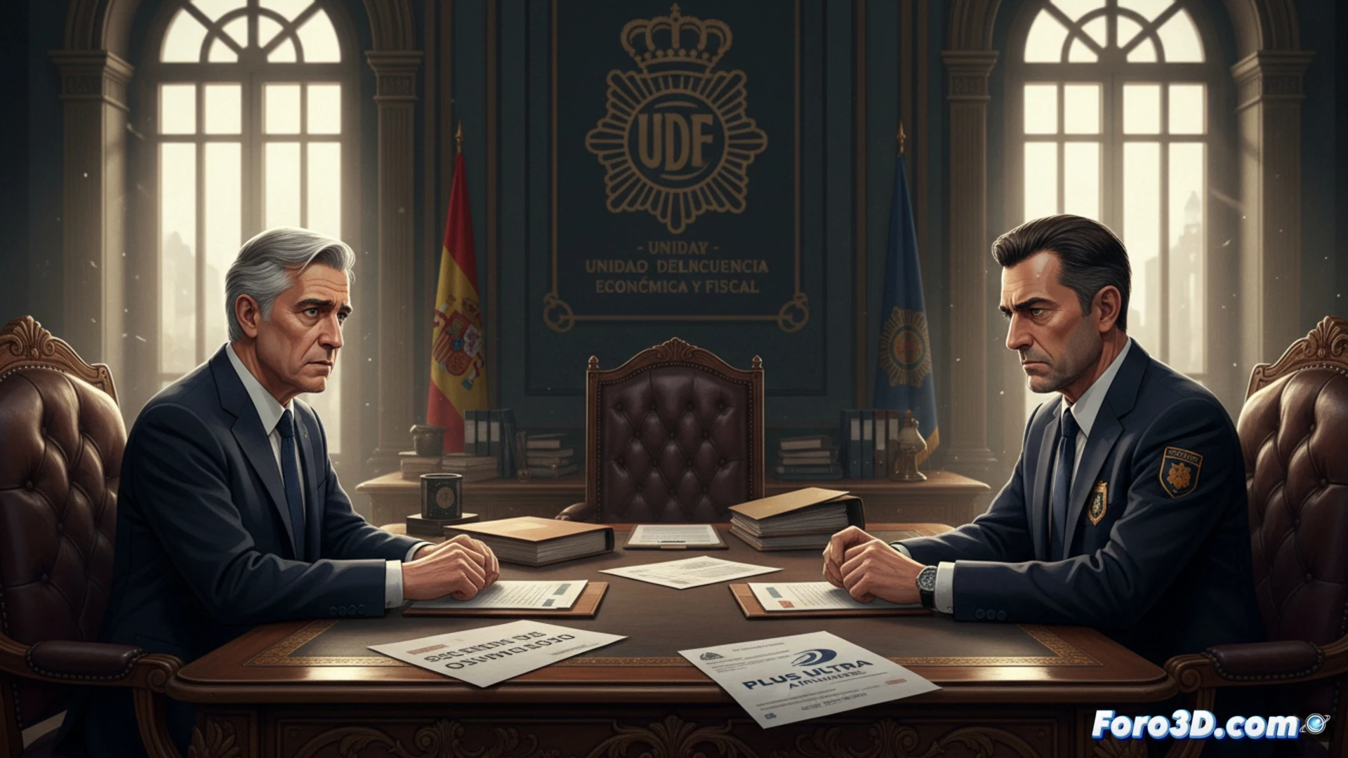 agentes de la UDEF examinando documentos financieros en una sala de archivos iluminada por un foco, mientras un ordenador portátil muestra un gráfico de flujo de dinero con nodos rojos marcados, carpetas abiertas sobre la mesa con sellos de secreto judicial, billetes de avión y un sello de la aerolínea Plus Ultra visible, estilo cinematográfico técnico, iluminación dramática, sombras marcadas, fotorealismo, textura de papel envejecido, detalles nítidos en las herramientas de investigación