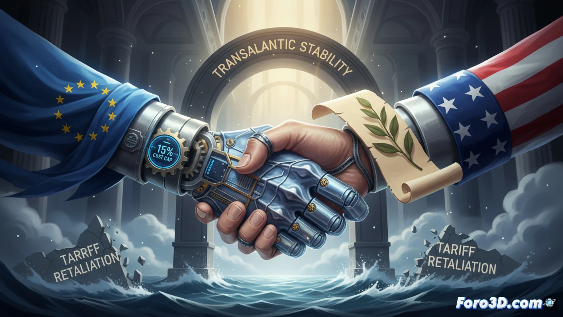A glowing 15% percentage symbol floating above a split European Union and United States flag, a broken tariff barrier crumbling into dust below, a stylized olive branch and a handshake forming in the center, cinematic technical illustration, dramatic negotiation table with blueprints and economic graphs in the background, photorealistic political visualization, soft golden light highlighting the agreement, detailed flag textures, symbolic economic stability, ultra-realistic diplomatic scene