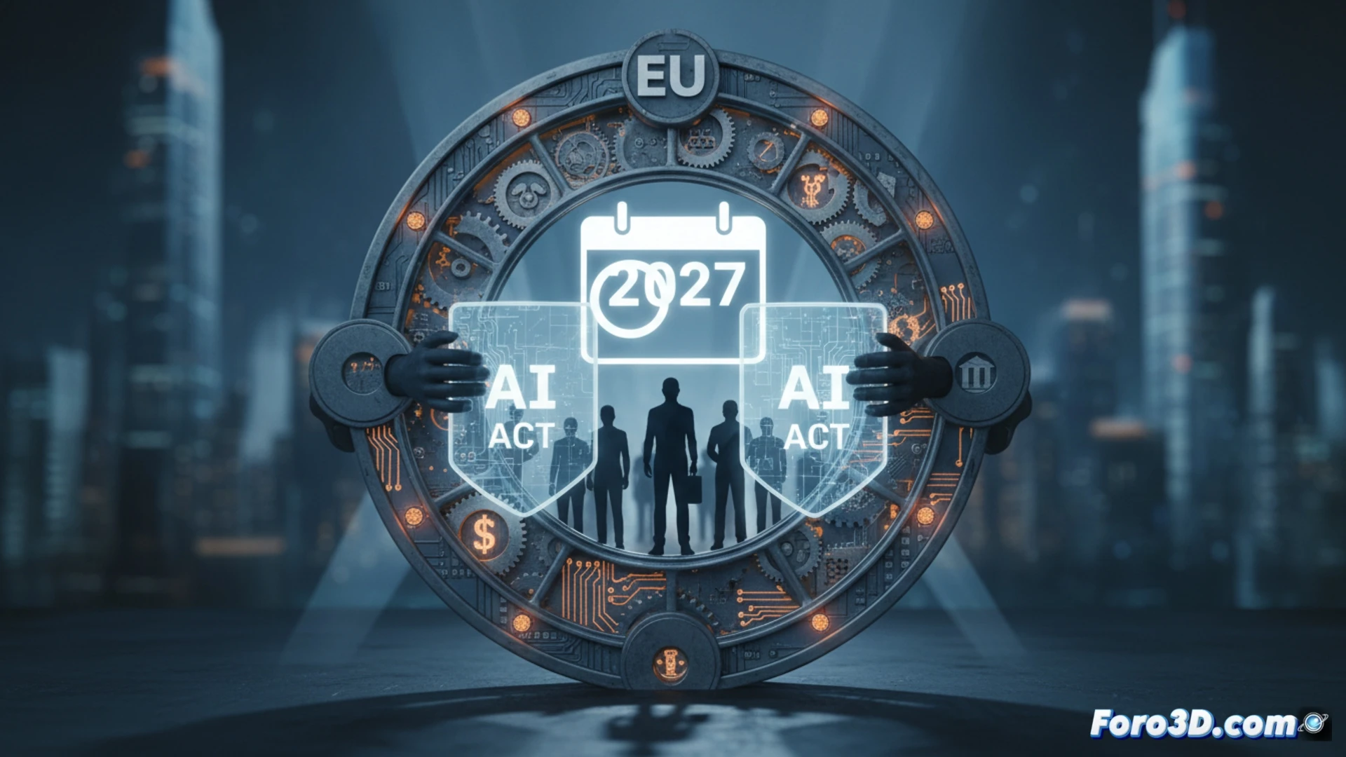 Un reloj de arena digital sobre una mesa, con la arena cayendo hacia 2027 junto a un documento titulado 'Ley de IA'.