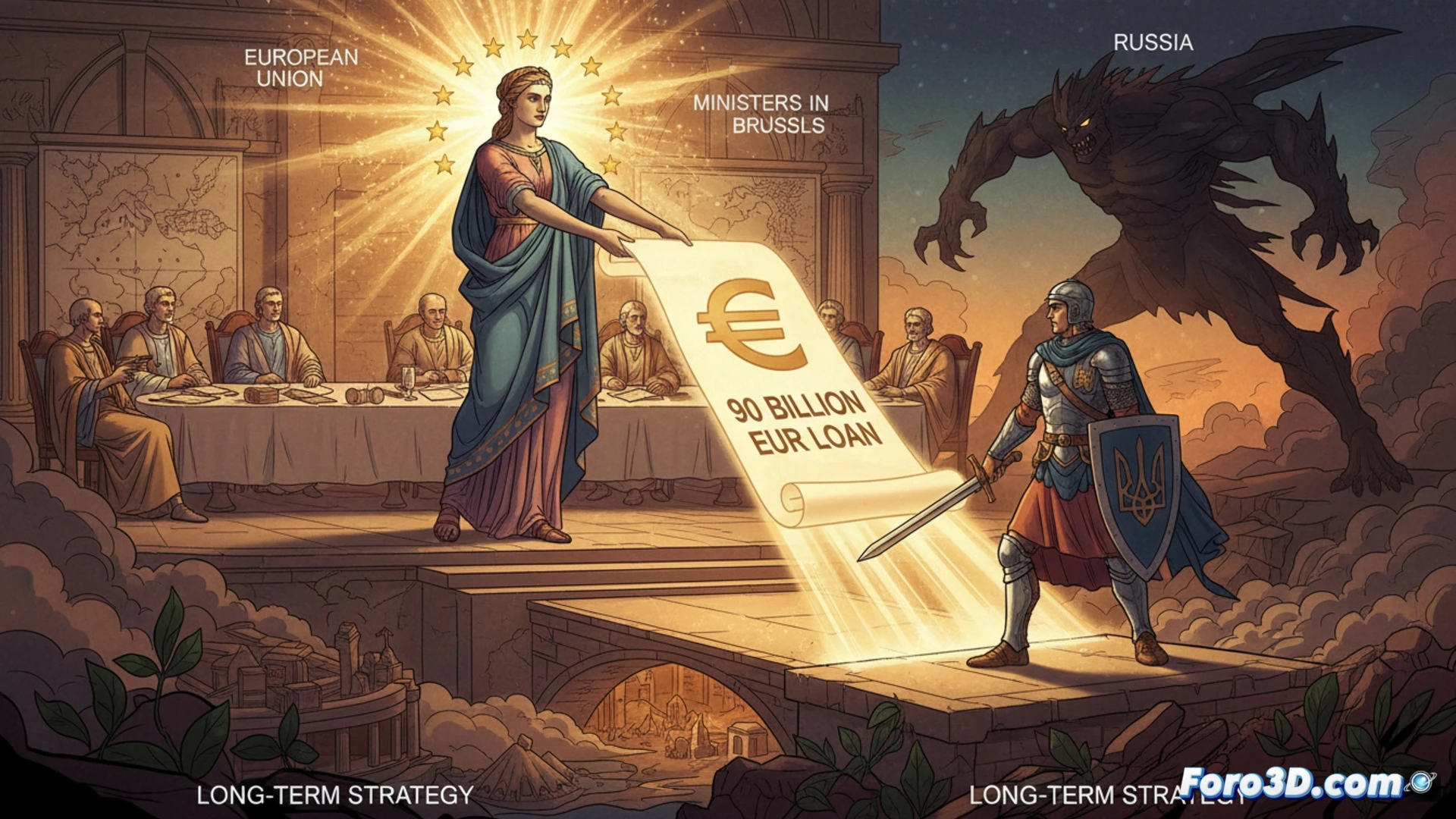 Un mapa de Europa iluminado, con Ucrania en amarillo brillante y la UE en azul, rodeado de monedas y billetes de euro, simbolizando el préstamo de 90 mil millones frente a Rusia.