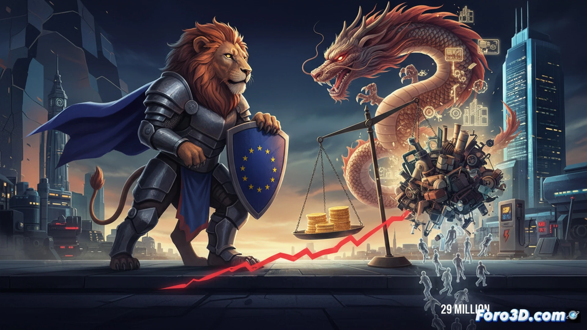 European Union flag draped over a collapsing industrial factory wall, Chinese electric vehicle battery packs and chemical barrels advancing like a wave across a cracked European map, mechanical gears and automotive assembly lines fracturing under pressure, glowing red subsidy arrows piercing through EU tariff barriers, cinematic photorealistic engineering visualization, dramatic storm lighting, metallic debris suspended mid-air, smoke rising from broken machinery, ultra-detailed industrial textures, high-contrast chiaroscuro effect, wide-angle lens capturing scale of economic collision