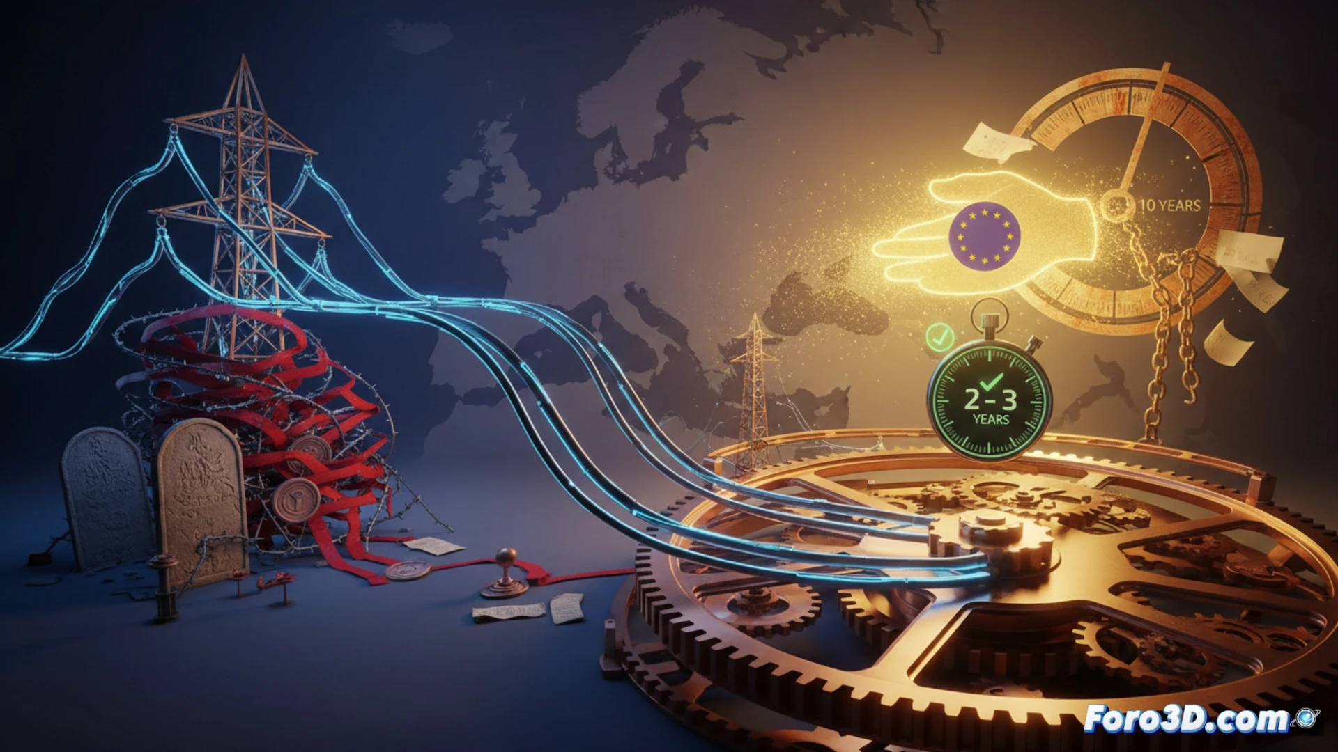 modern electrical grid transformation scene, European Commission building in background, clock showing 2-3 year deadline, paperwork pile with stamp reading approved by default, bureaucratic desk with half-finished permit forms, a technician connecting high-voltage cables to a smart grid control panel, blue electric arcs between copper connectors, glowing green signal lights on a circuit board, digital map of Europe with power lines lighting up gradually, photorealistic technical illustration, cinematic lighting with warm amber and cool blue contrast, dust particles in sunbeams, metallic surfaces with slight reflection, clean industrial aesthetic, hyper-detailed engineering visualization
