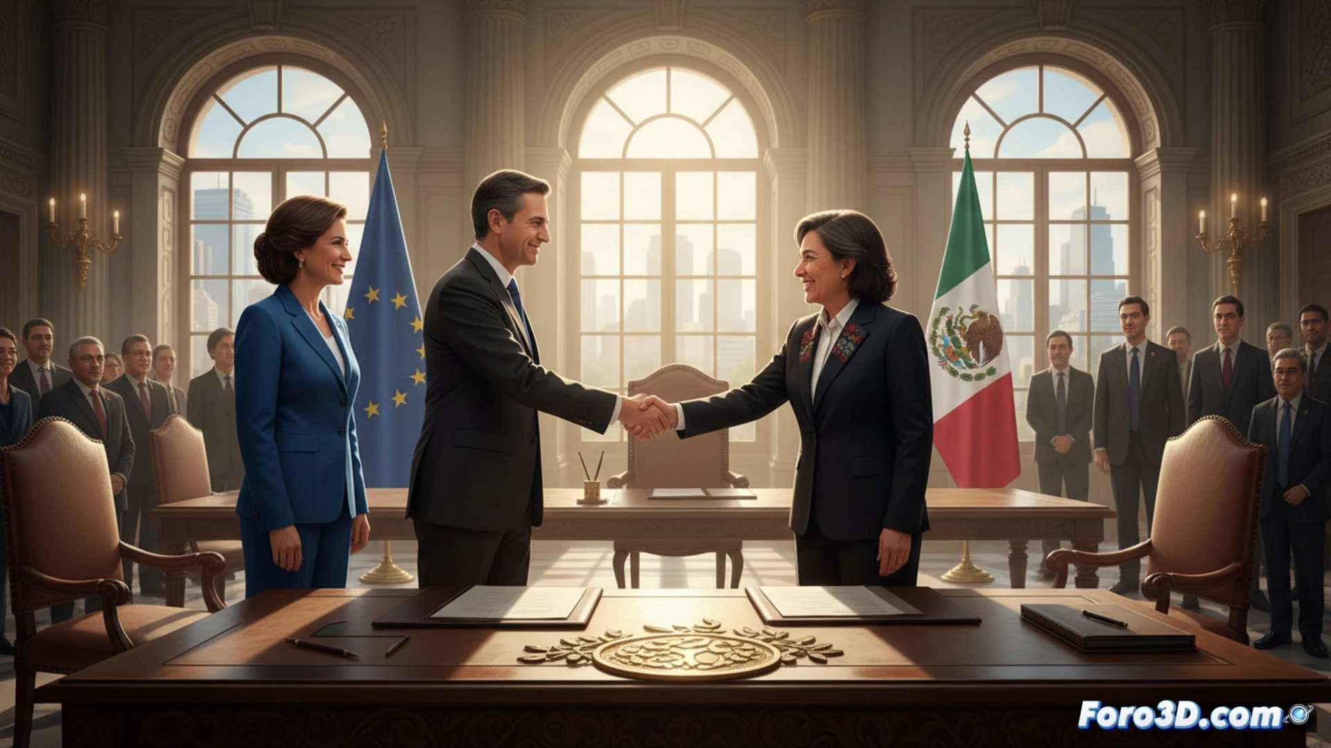Claudia Sheinbaum y Ursula von der Leyen firmando un documento en una mesa de conferencias, con banderas de México y la UE al fondo, durante el apretón de manos oficial, mostrando un tratado comercial abierto con gráficos de barras crecientes superpuestos en una pantalla digital detrás, estilo cinematográfico fotorrealista, iluminación suave de sala de juntas, trajes formales, textura de papel y madera, profundidad de campo limitada, tonos azul y dorado
