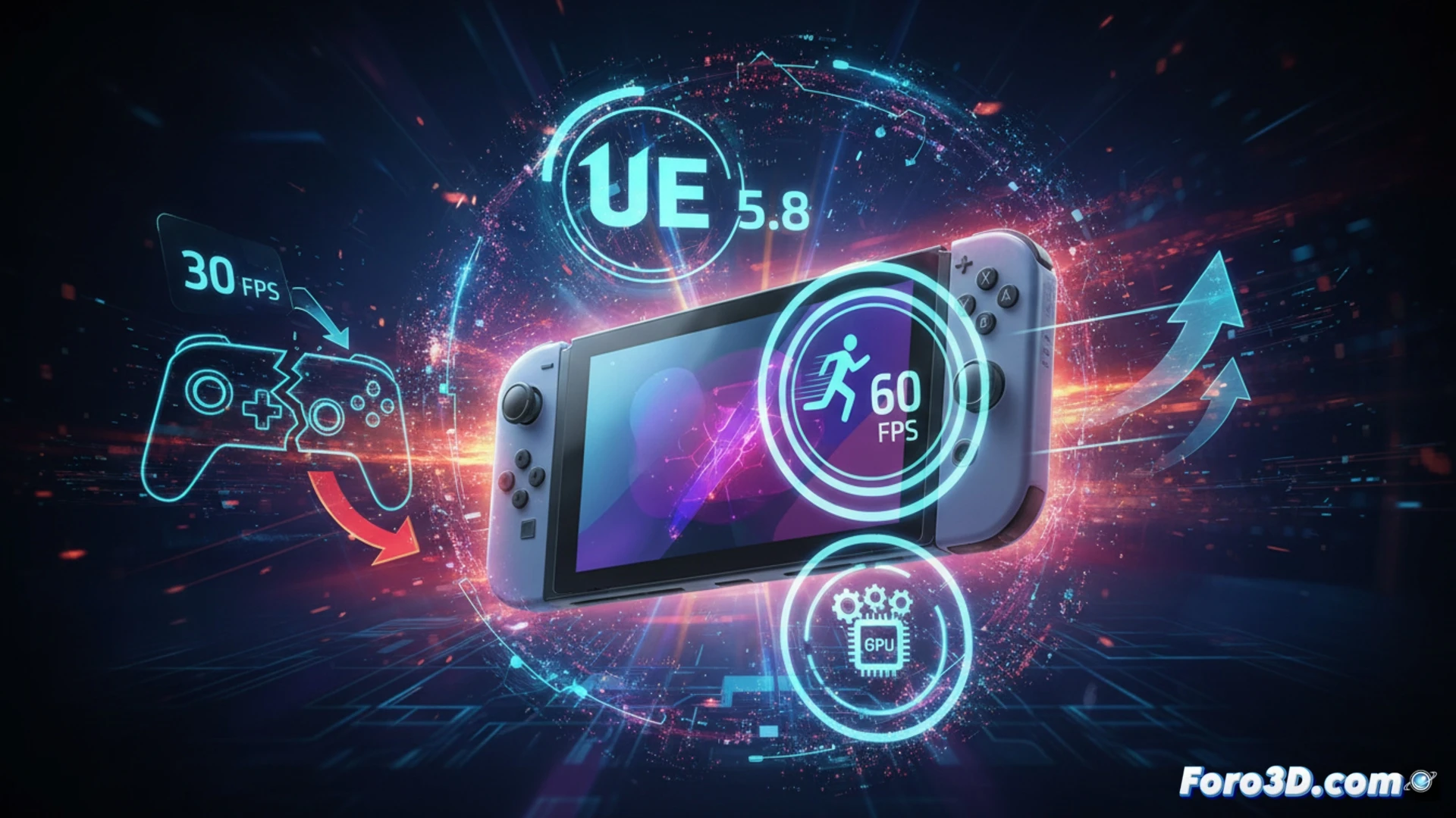 Logo de Unreal Engine 5.8 sobre fondo oscuro con texto de rendimiento y la silueta de Nintendo Switch 2