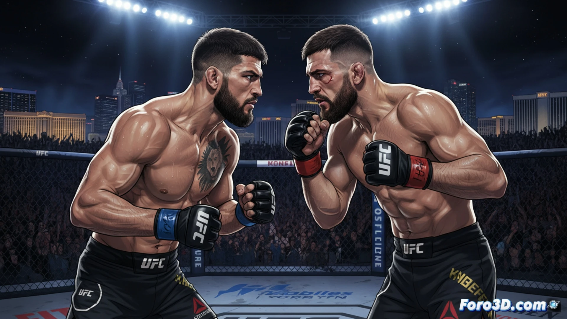 El T-Mobile Arena de Las Vegas iluminado, con el octágono central y los rostros de Chimaev y Strickland enfrentados en el póster del UFC 328.