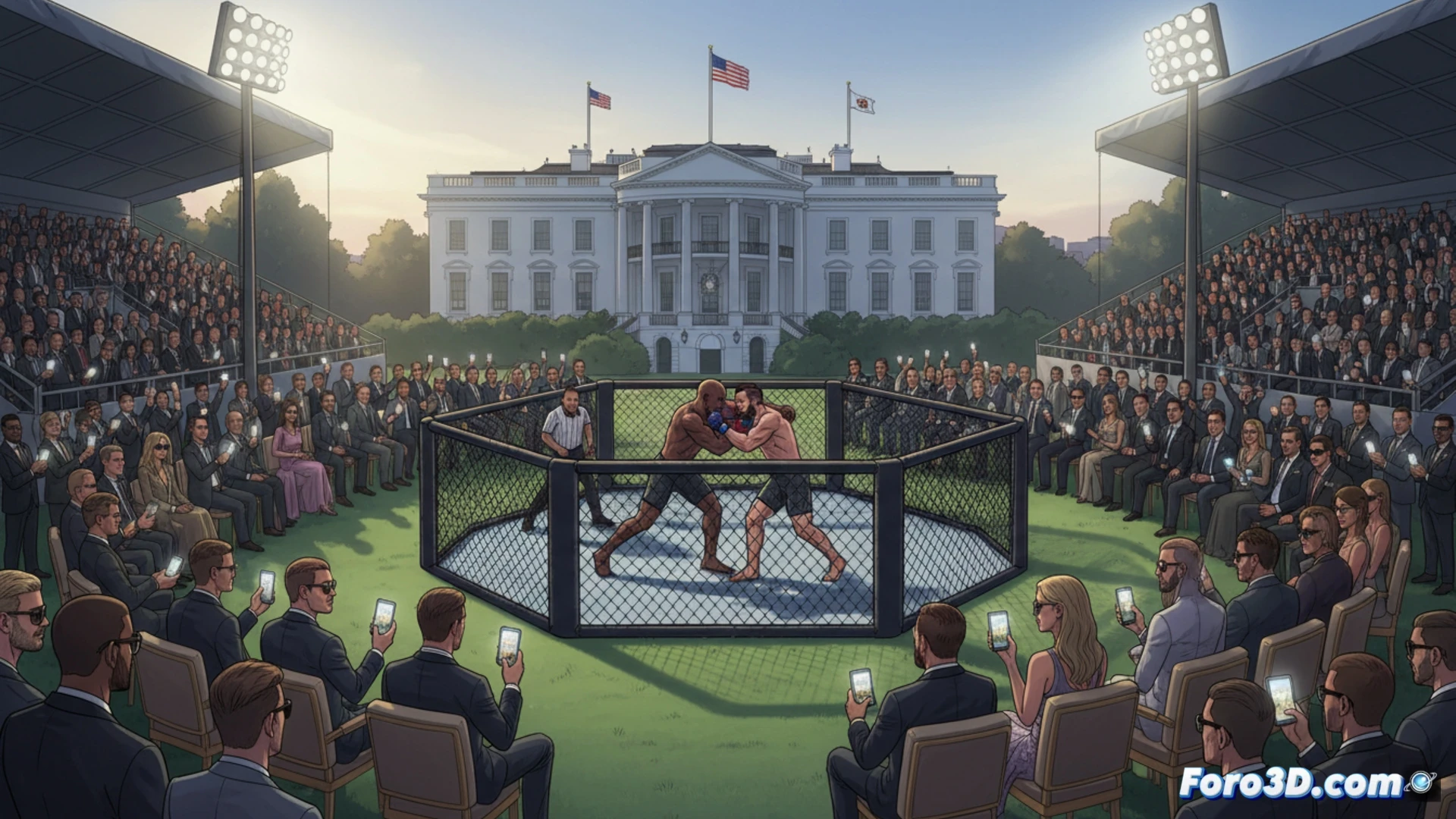 Imagen del jardín sur de la Casa Blanca transformado en un octágono de la UFC, con lujosas carpas VIP y el Capitolio al fondo bajo un cielo crepuscular.
